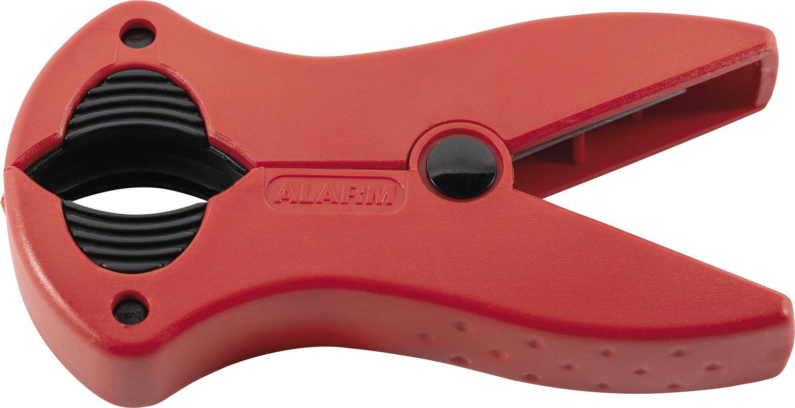 Roter Kunststoff-Rohrabschneider mit schwarzen Griffen und runder Schneidklinge, entwickelt zum Schneiden verschiedener Rohrdurchmesser.