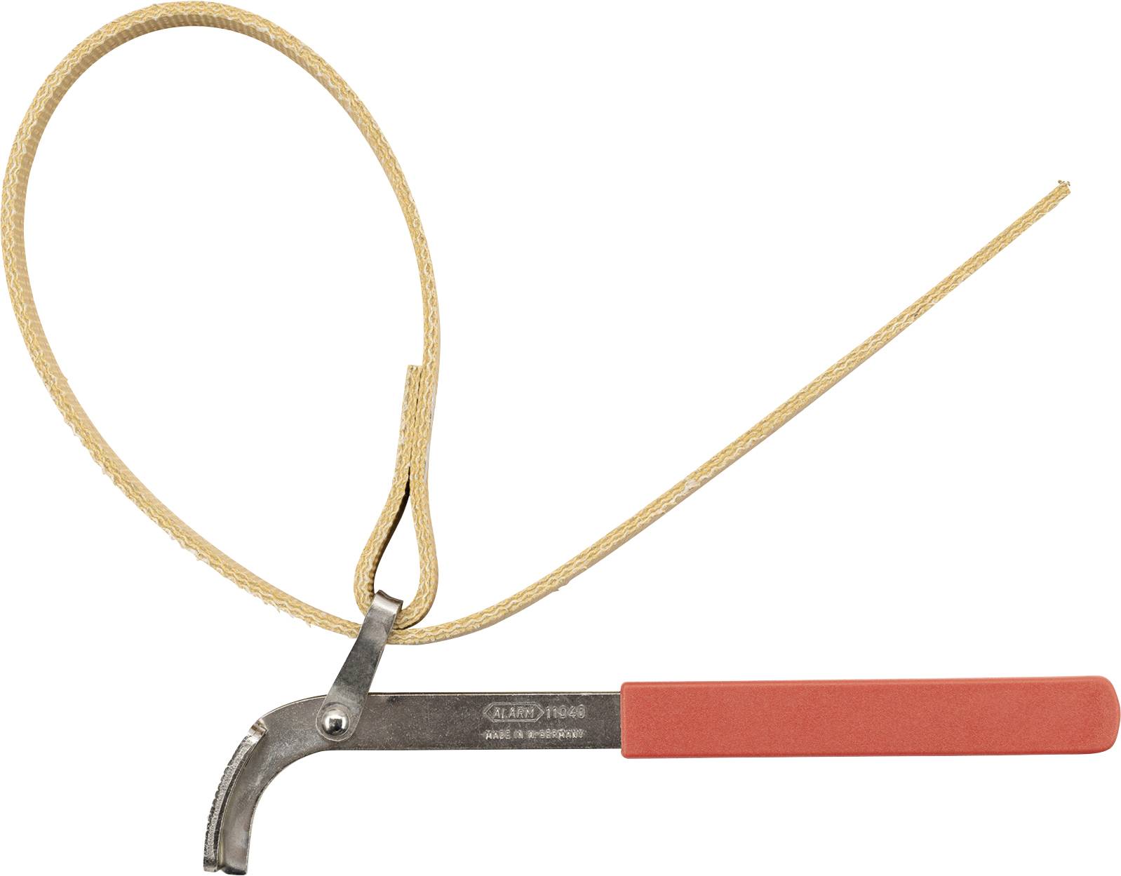 Ein Schraubenschlüssel mit einem langen Riemen und einem roten Griff, der zum Greifen von runden Gegenständen wie Rohren oder Einmachgläsern verwendet wird.