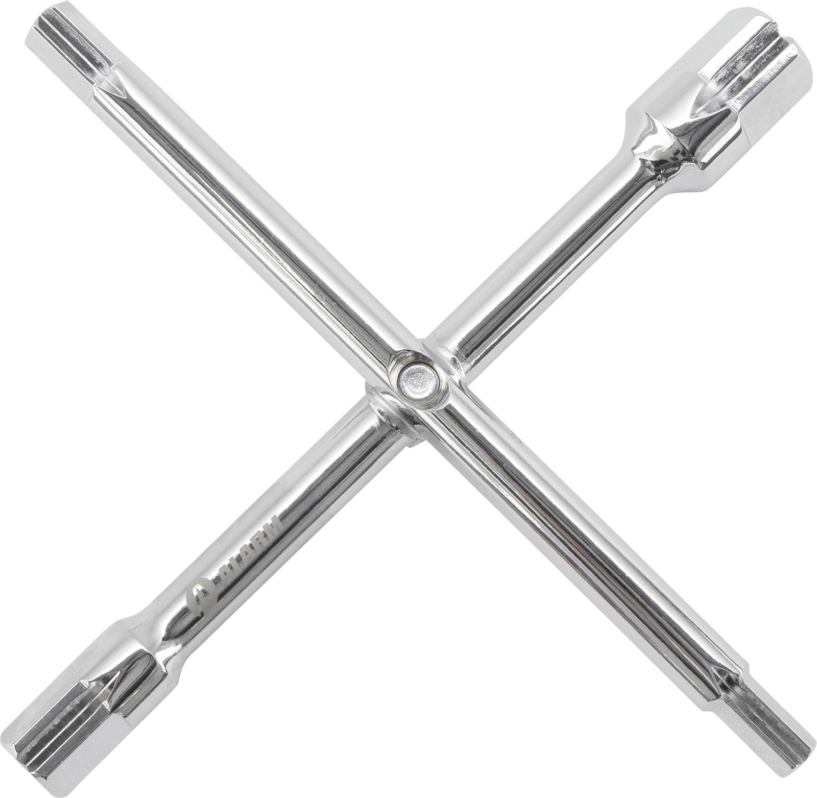 Ein verchromter Kreuzschlüssel mit vier Steckköpfen, in X-Form angeordnet, zum Lösen oder Festziehen von Radmuttern an Fahrzeugen.