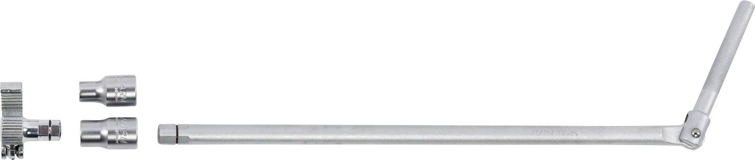 Eine lange silberne Brechstange mit einem klappbaren Griff, versehen mit drei Aufstecknüssen in verschiedenen Größen, entwickelt zum Lösen festsitzender Befestigungselemente.