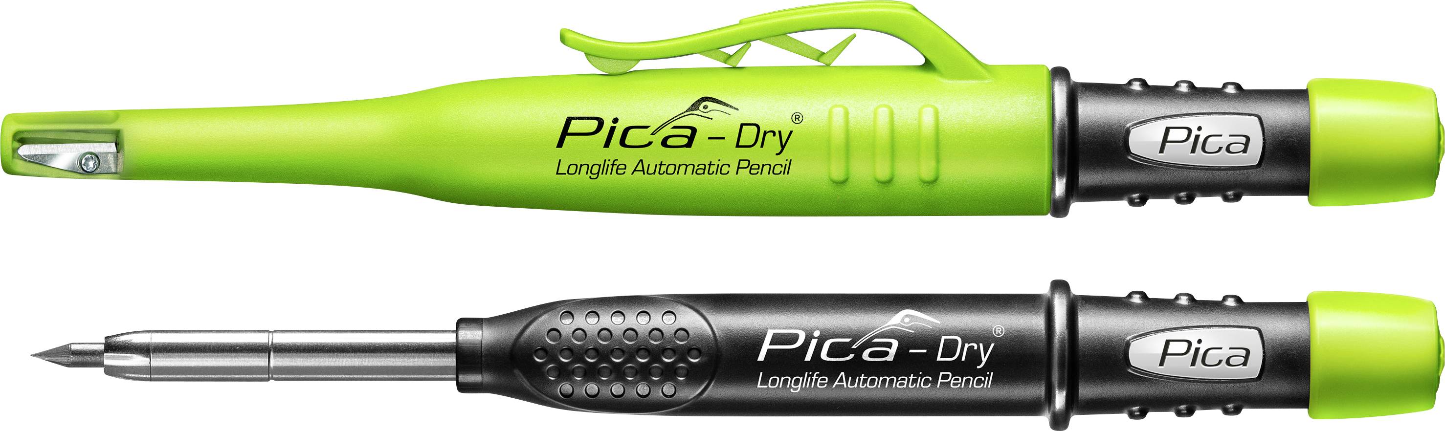 Zwei Pica-Dry Langzeit-Druckbleistifte, einer mit grüner Kappe und einer schwarzer mit verlängerter Minenspitze, nebeneinander abgebildet.