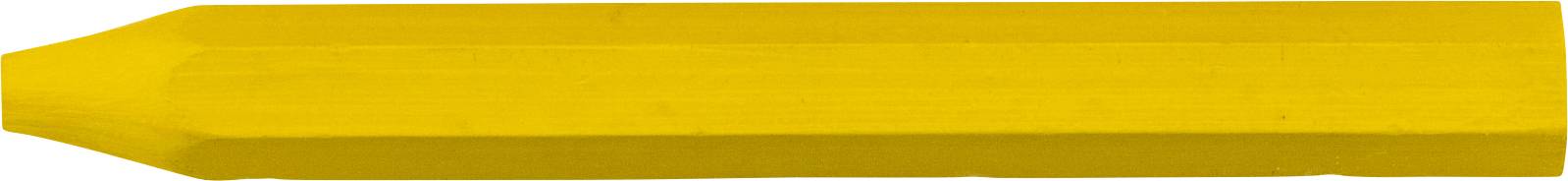 Ein Nahaufnahmebild eines geschärften gelben Bleistifts vor einem weißen Hintergrund, der die Spitze und einen Teil des sechseckigen Körpers zeigt.