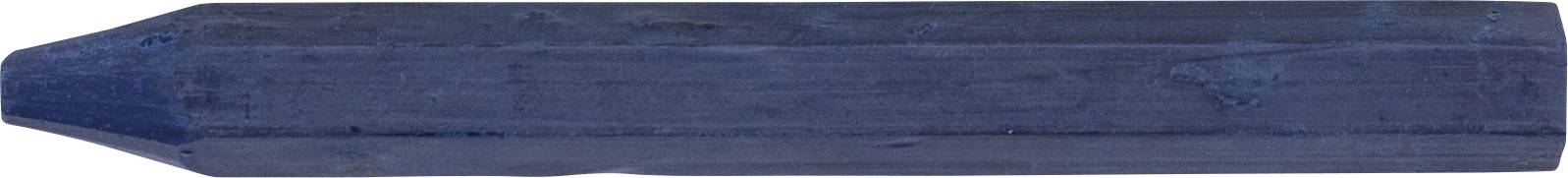 Ein einzelner, sechseckiger dunkelblauer Buntstift mit einer spitzen Spitze, horizontal liegend.