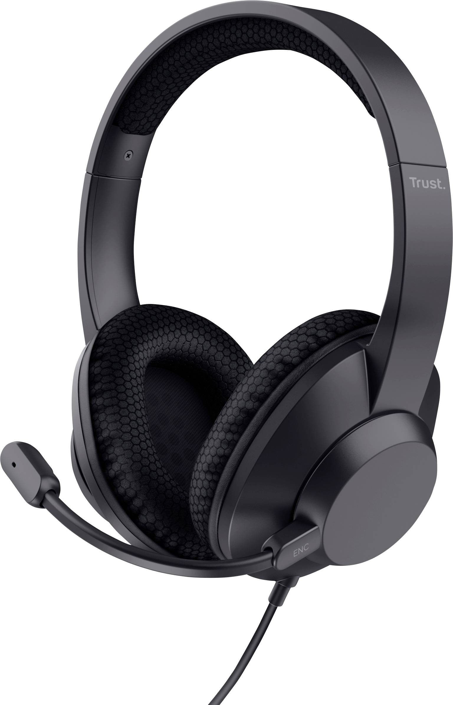 Headset mit angebrachtem Mikrofon, schwarzes Design, ausgestattet mit gepolsterten Ohrmuscheln und verstellbarem Kopfbügel für maximalen Komfort.