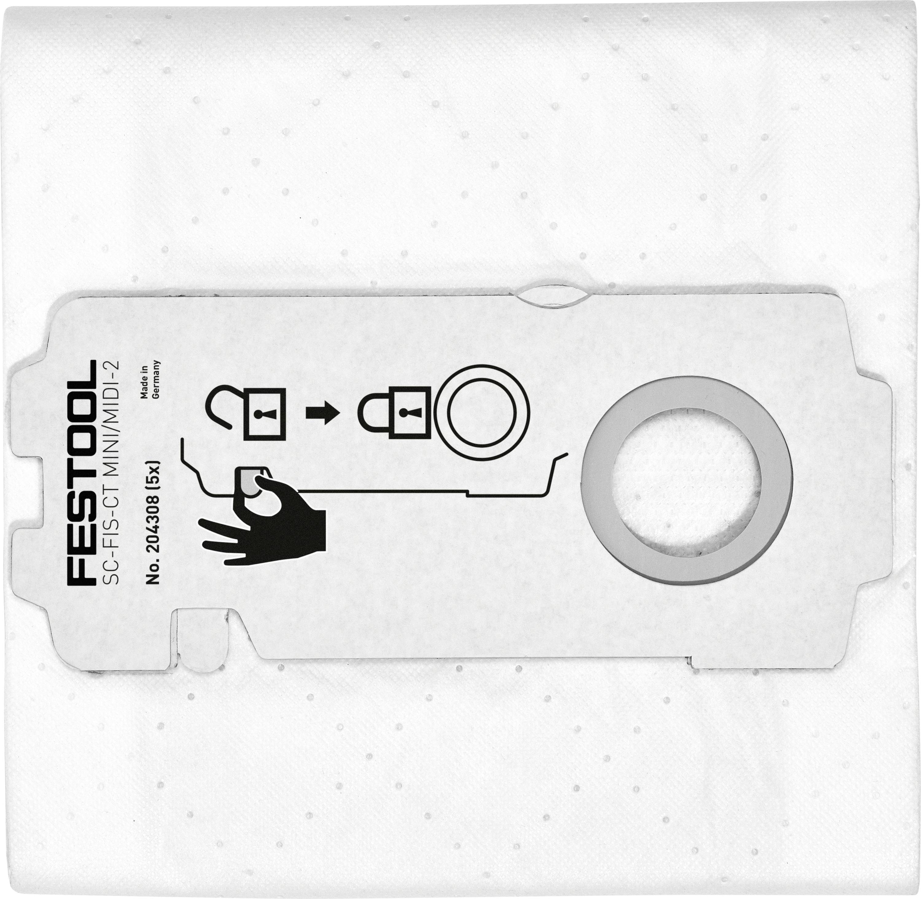 Ein weißer Festool-Filterbeutel mit einer Grafik, die das korrekte Einstecken eines Verbindungssteckers in eine Steckdose zeigt.