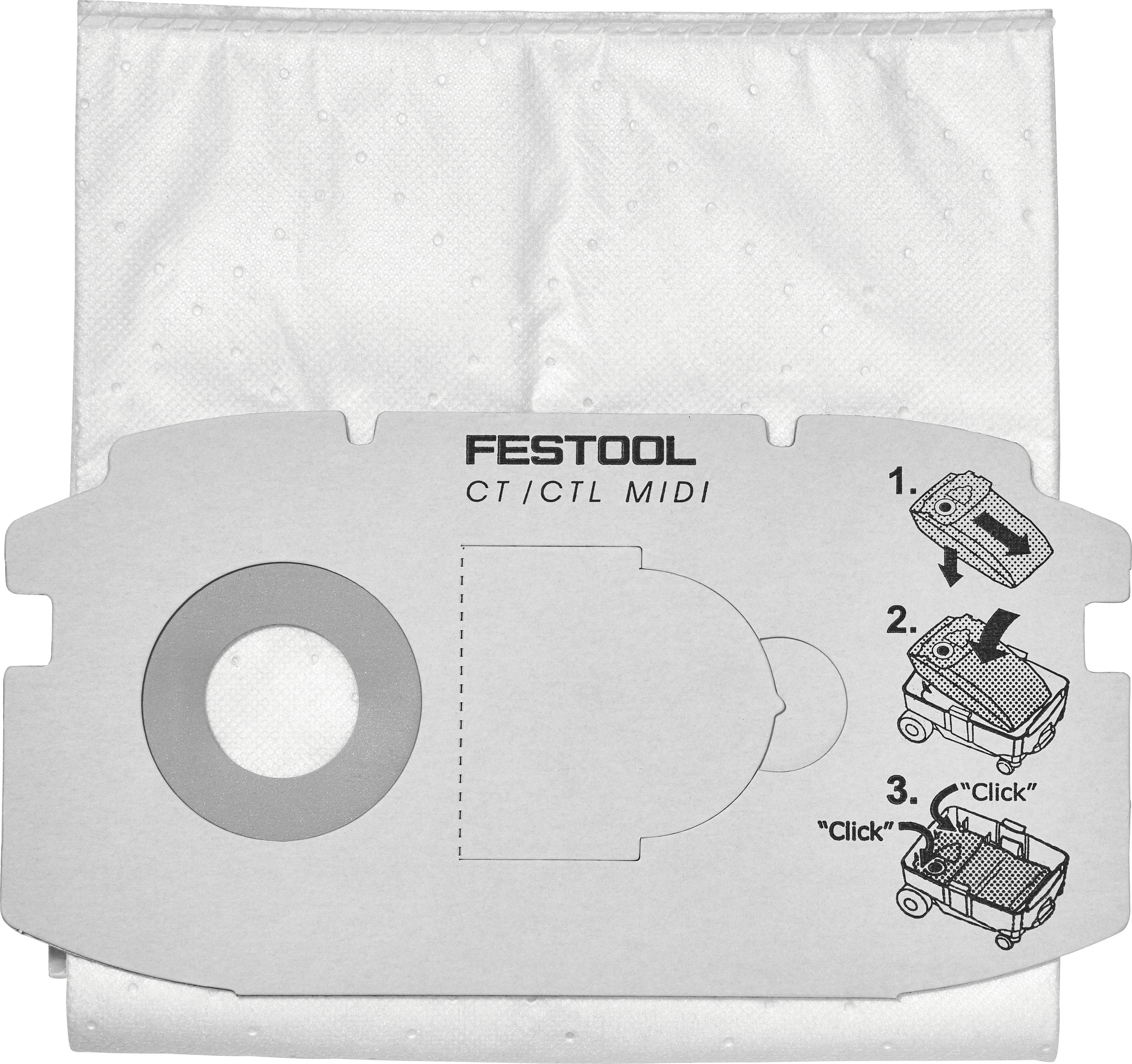 Staubsaugerbeutel für Festool CT/CTL MIDI mit illustrierten Schritt-für-Schritt-Anweisungen: schieben, befestigen und einrasten.