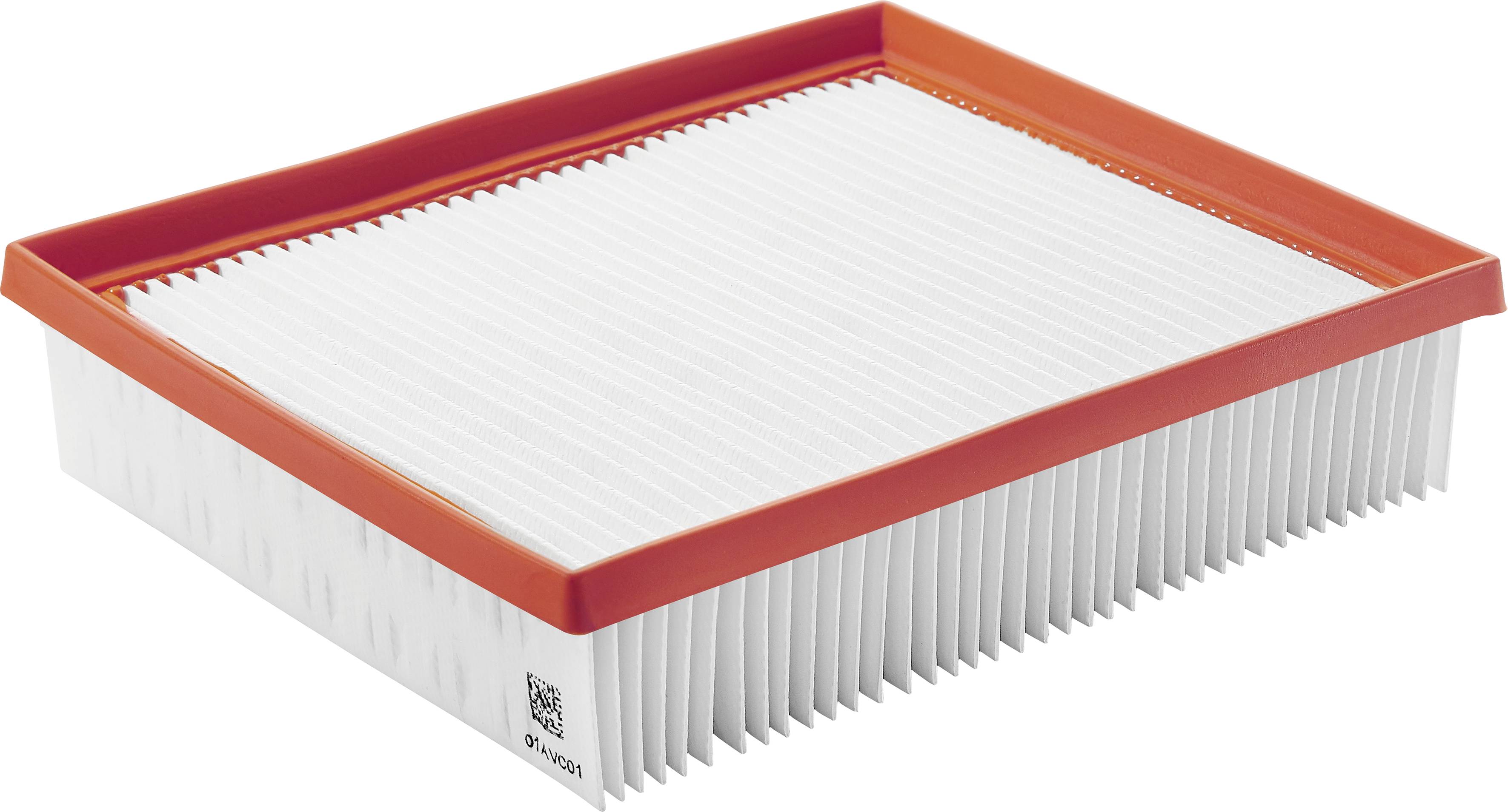 Rechteckiger Luftfilter mit gefalteter weißer Filtermasse und orangefarbenem Rahmen, verwendet zur Luftreinigung in Fahrzeugen oder Maschinen.