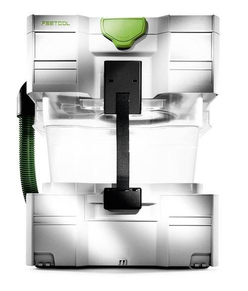 Ein weißer und grüner industrieller Staubsauger mit einem transparenten Auffangbehälter und einem flexiblen Schlauch.