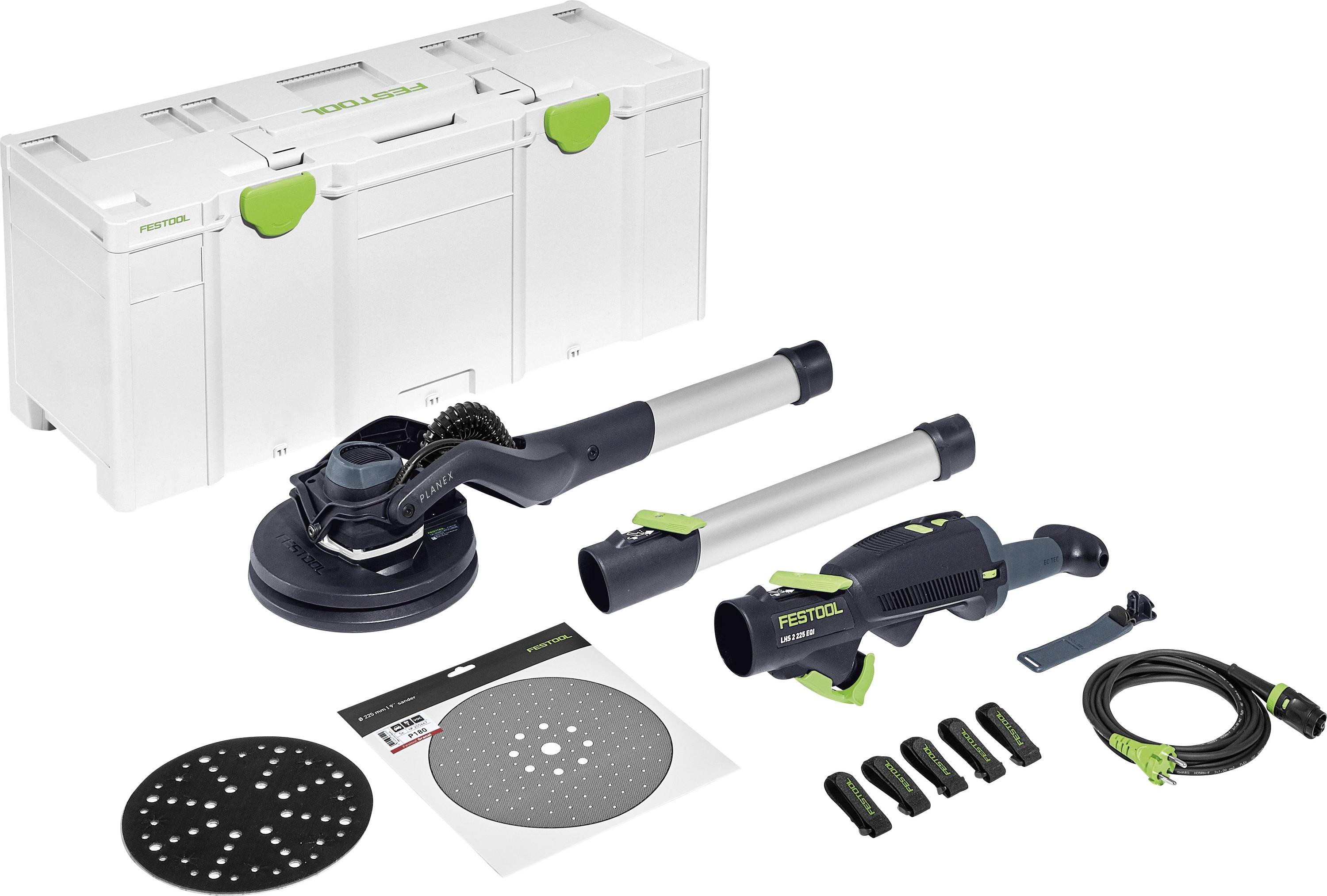 Festool PLANEX Systainer mit Schleifwerkzeug, Verlängerungsstangen, Schleifscheiben, Akkus, Ladegerät und Zubehör übersichtlich angeordnet.