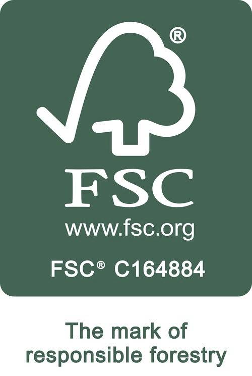 'FSC www.fsc.org FSC C164884 Das Zeichen verantwortungsvoller Forstwirtschaft' mit Baumlogo, das eine Zertifizierung der Waldbewirtschaftung anzeigt.