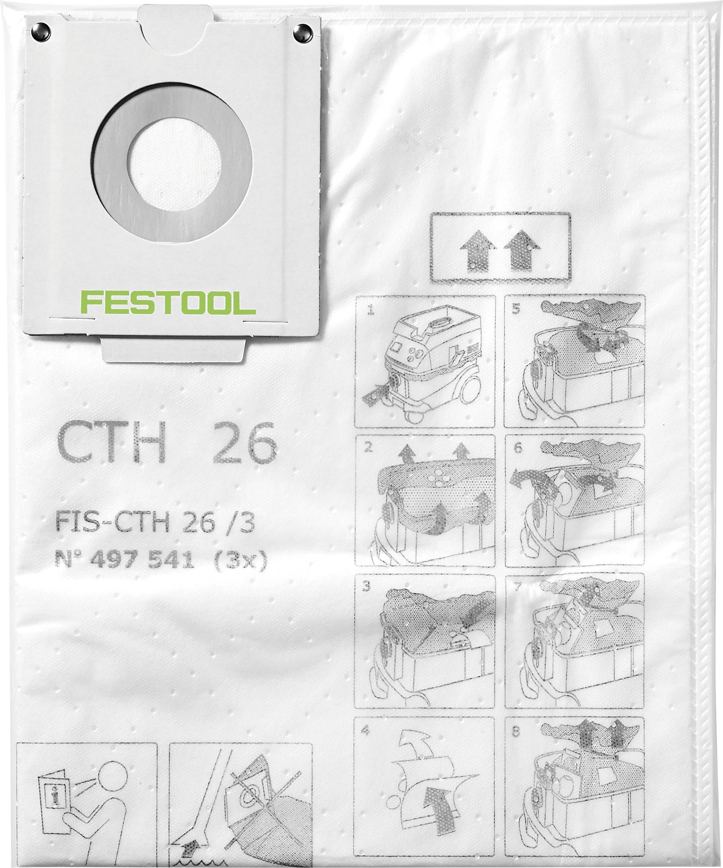 Verpackung des Festool CTH 26 Staubsauger-Zubehörtaschendesigns mit Installationsschritten, Illustrationen und Produktdetails.
