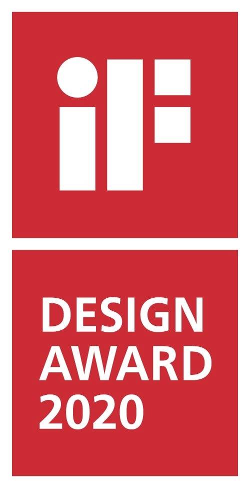 Logo des 'iF Design Award 2020' mit stilisiertem weißem Text auf rotem Hintergrund.