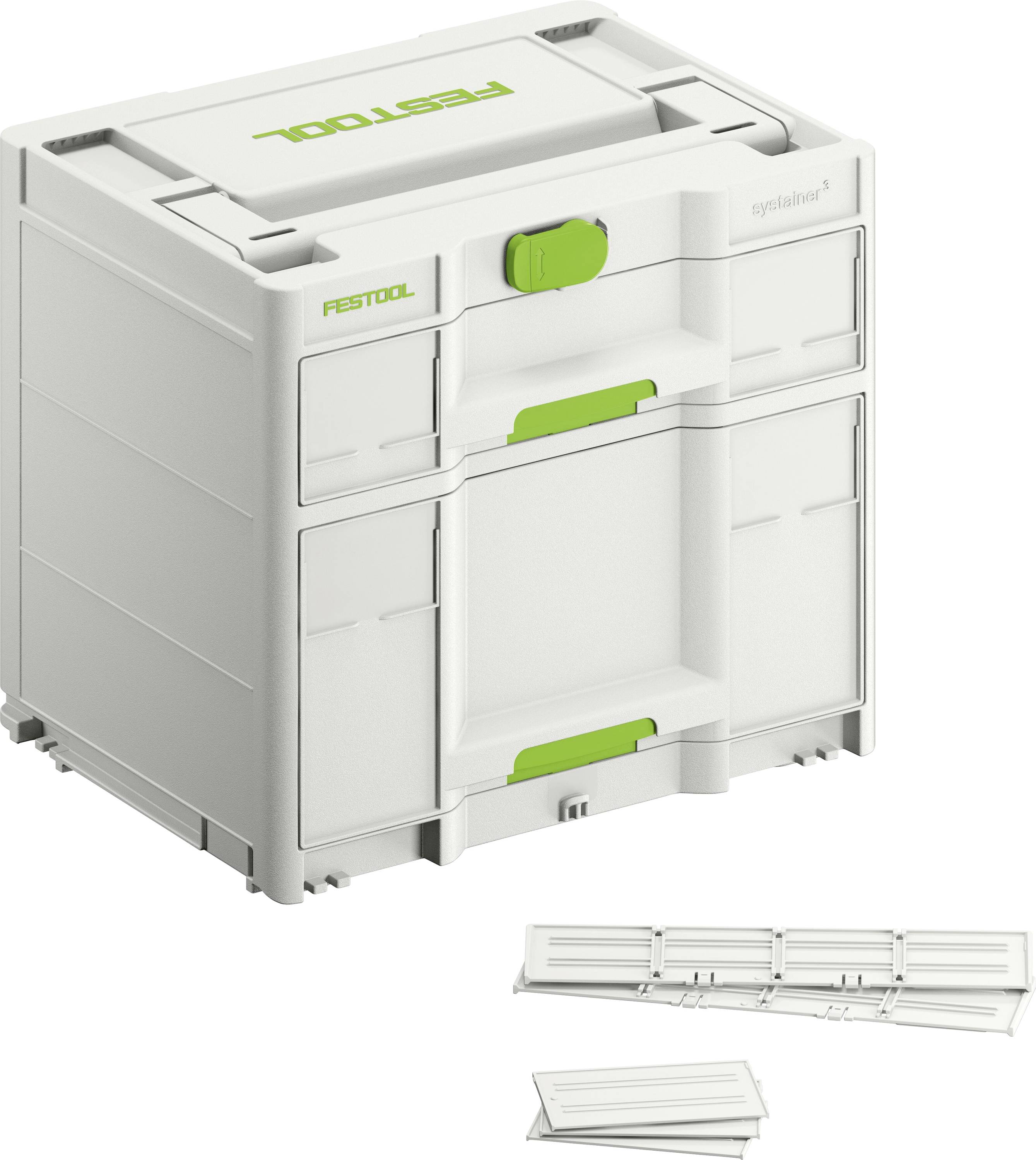Eine weiße und grüne Festool Systainer³ Aufbewahrungsbox mit Verschlüssen, Fächern und dazugehörigen Trennwänden, die separat darunter gezeigt werden.