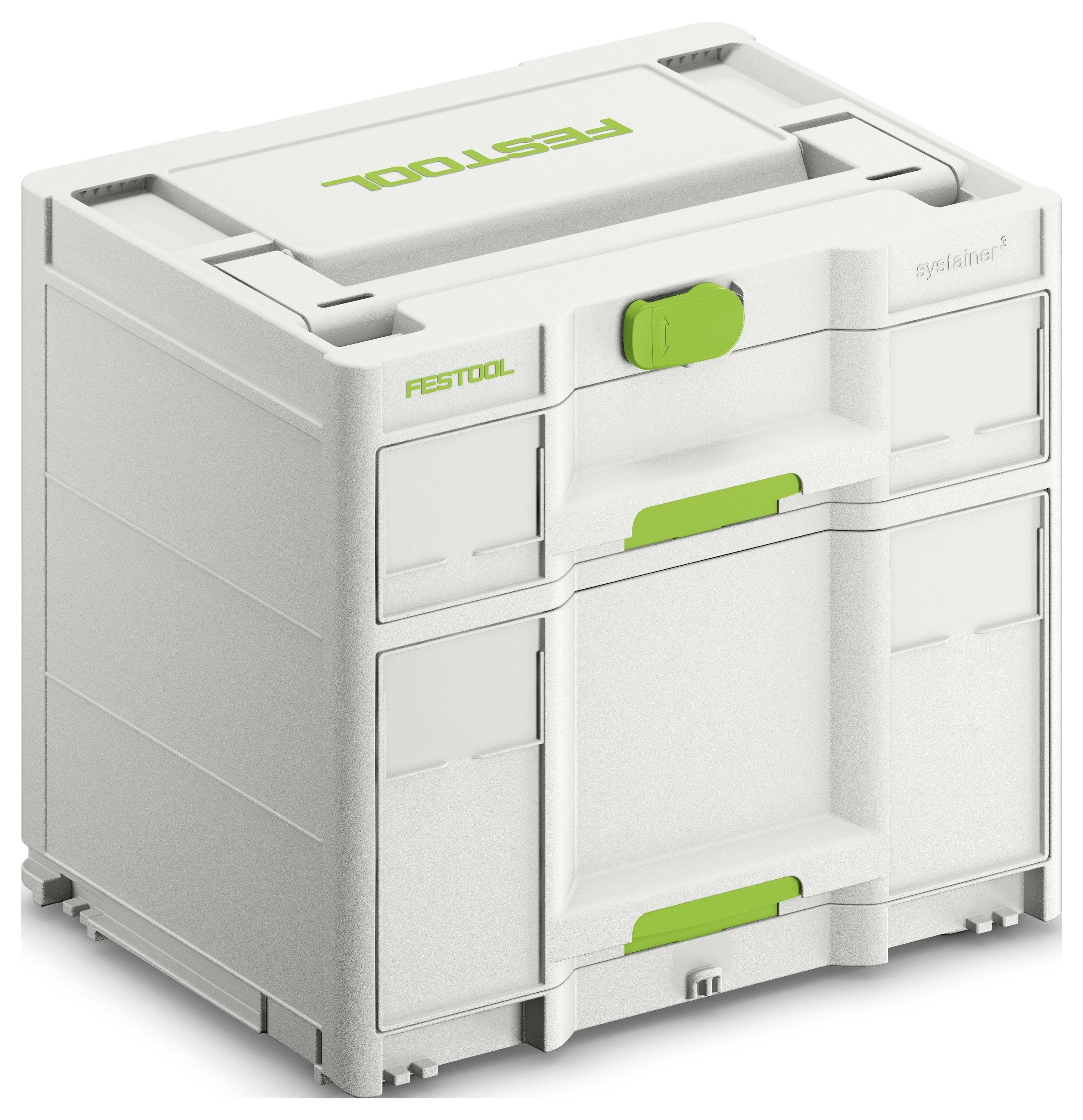 Eine weiße und grüne stapelbare Werkzeug-Aufbewahrungsbox mit der Aufschrift 