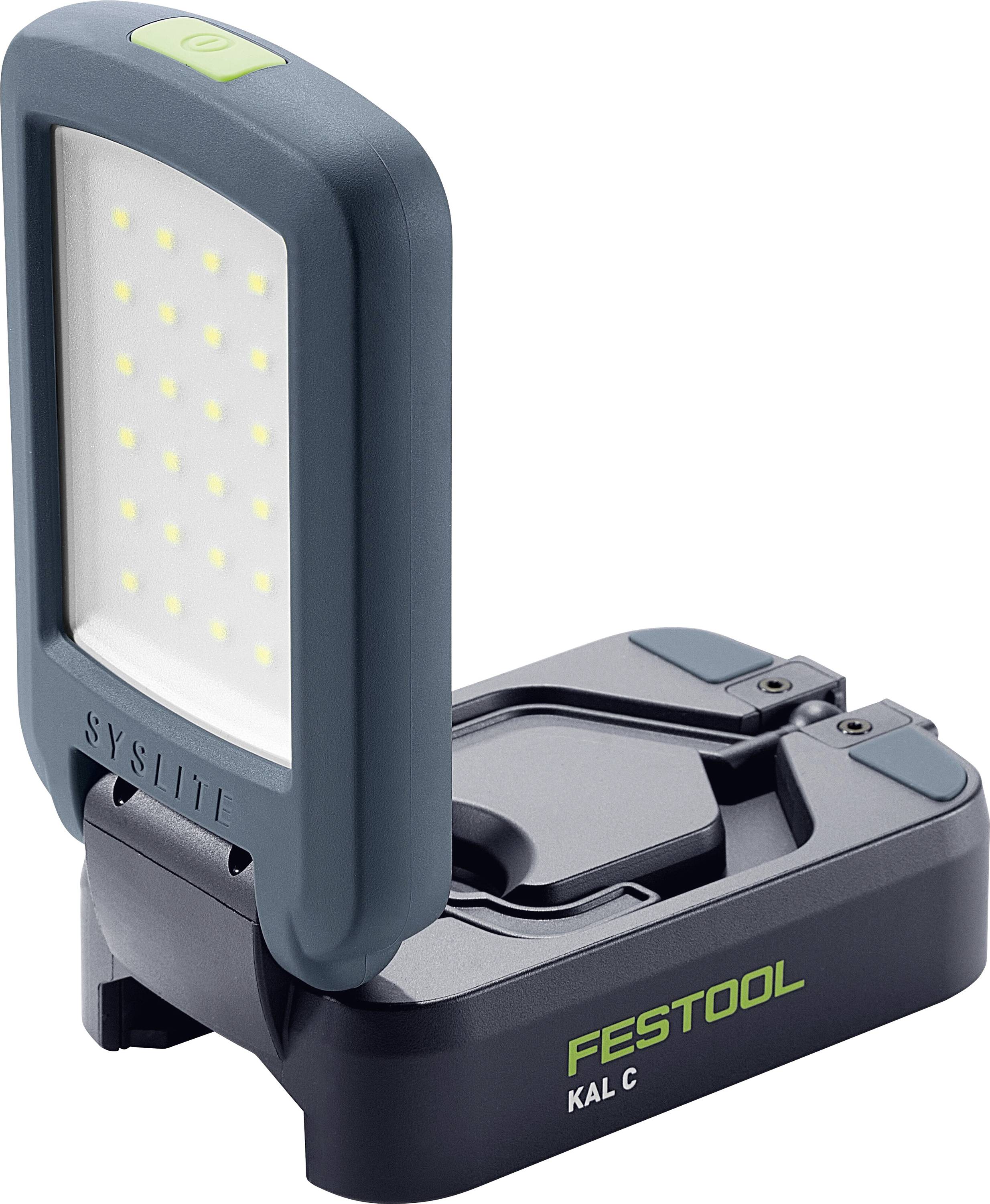 'Festool SYSLITE KAL C' tragbare Arbeitsleuchte mit sichtbarem LED-Array und Sockel mit Markenbeschriftung.