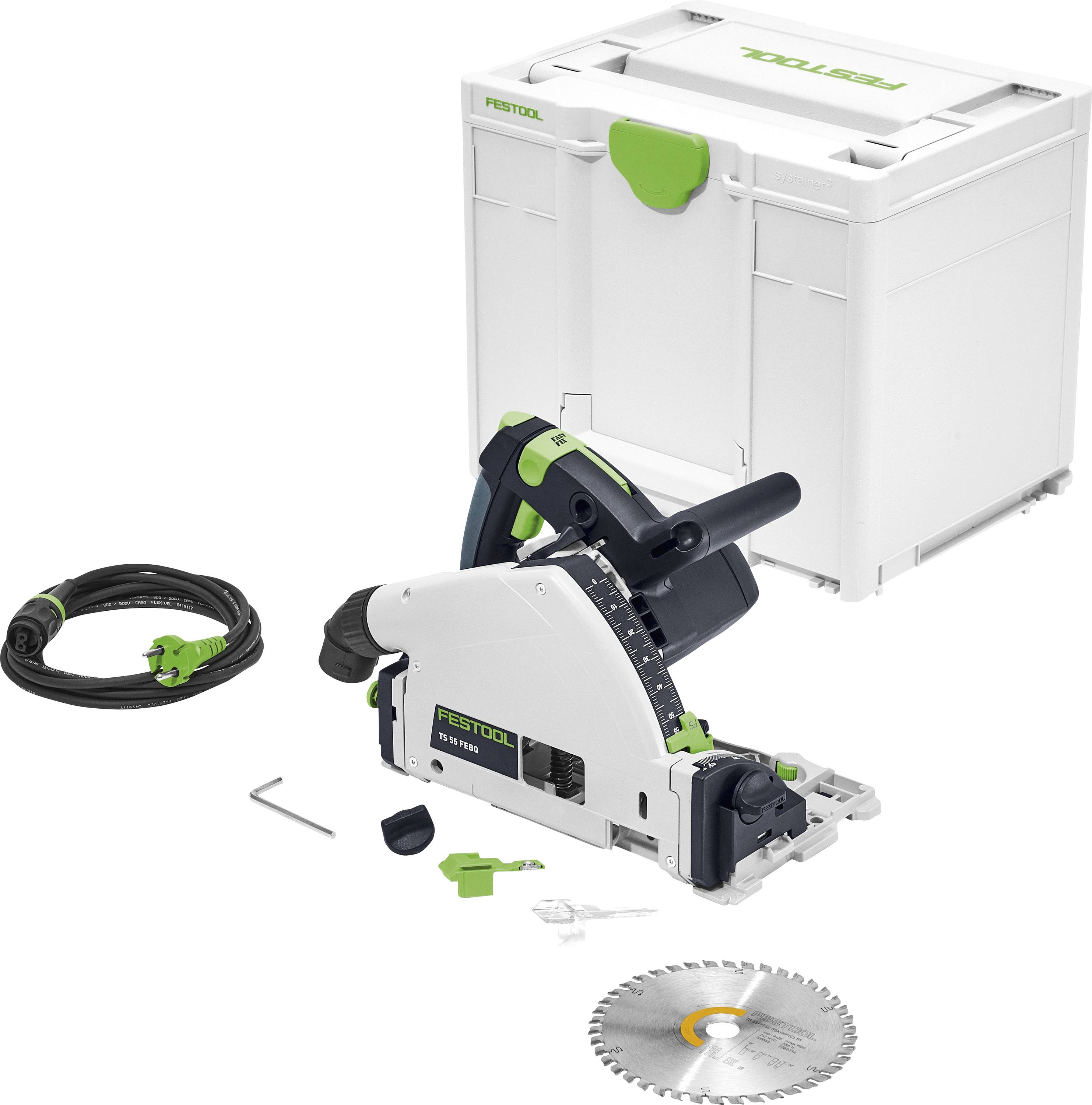 Eine Festool Tauchsäge mit Sägeblatt, Netzkabel, Sechskantschlüssel und einem weißen Koffer mit grünen Akzenten zur kompakten Aufbewahrung und zum Transport.