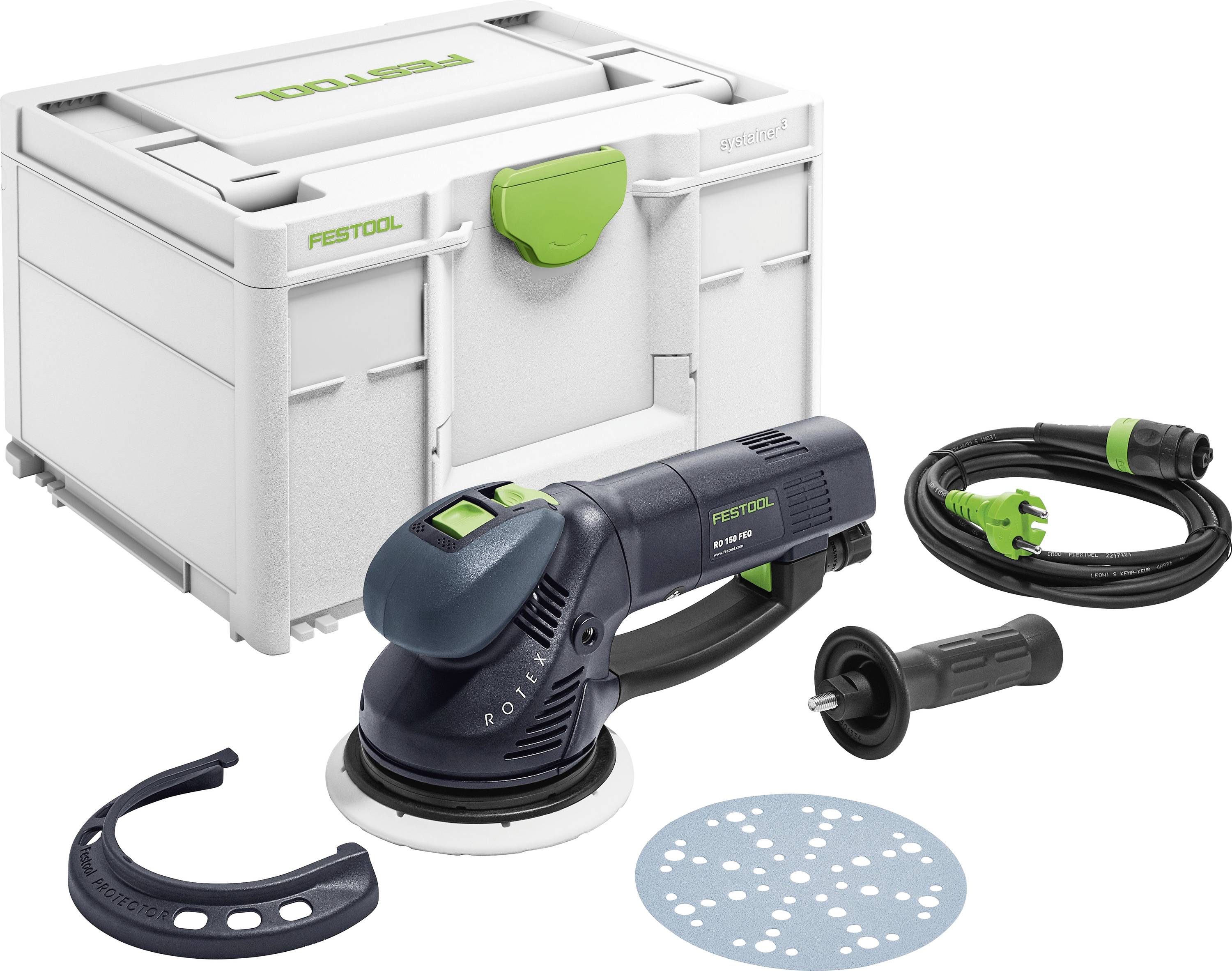 Ein Festool RO 90 DX Exzenterschleifer mit Zubehör, einschließlich Handgriff, Schleifpad, Rundscheibe, Netzkabel und Aufbewahrungskoffer.