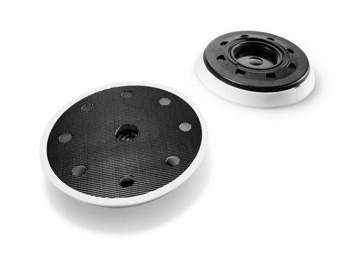 Zwei runde Ersatz-Schleifpads in Schwarz und Weiß mit mehreren Löchern. Eine liegt flach und zeigt die Vorderseite; die andere zeigt die Rückseite.