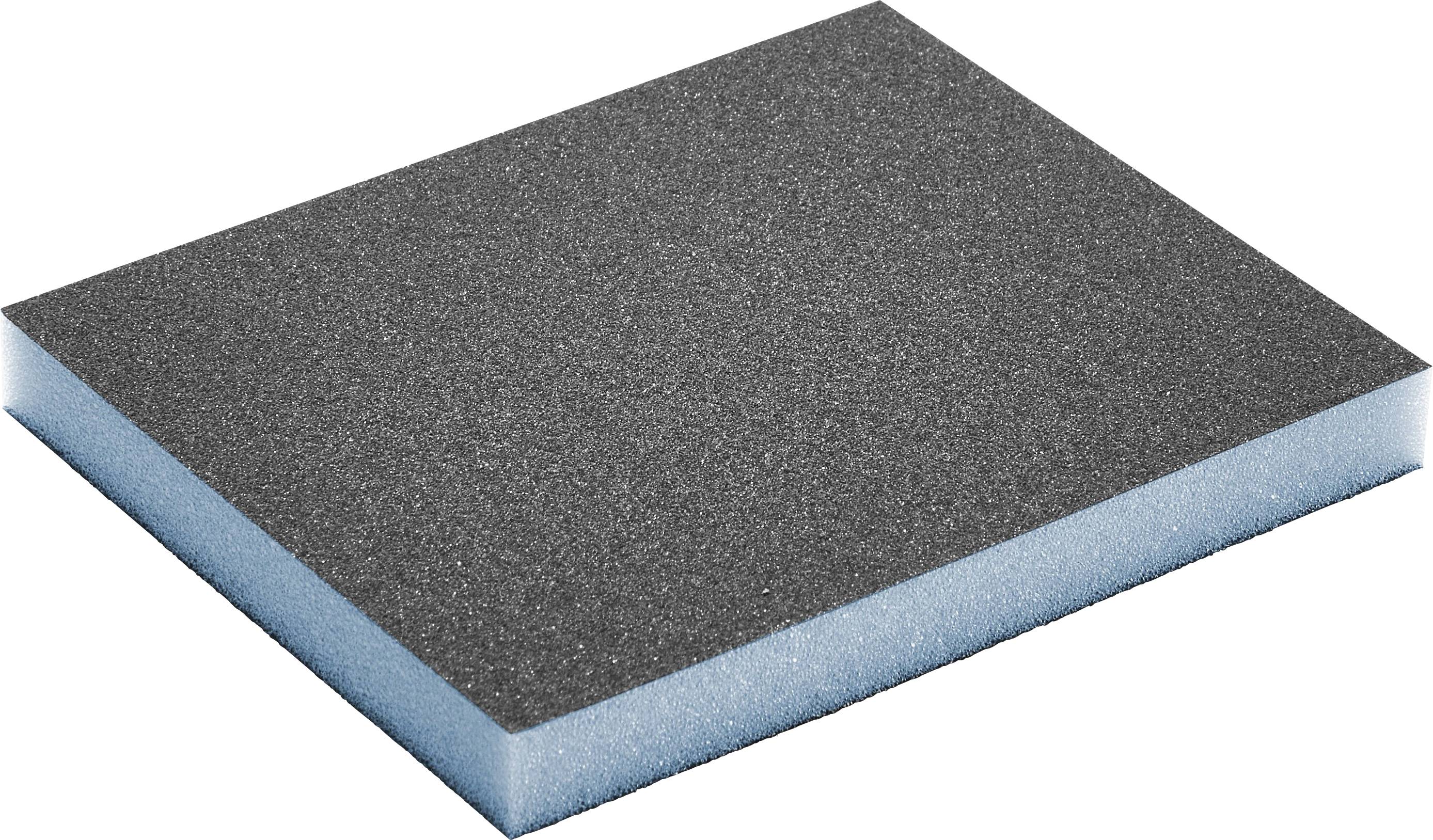 Ein rechteckiger Schleifklotz aus Schaumstoff mit einer dunklen Schleifoberfläche und einer blauen schwammigen Schicht, der zum Glätten von Oberflächen verwendet wird.