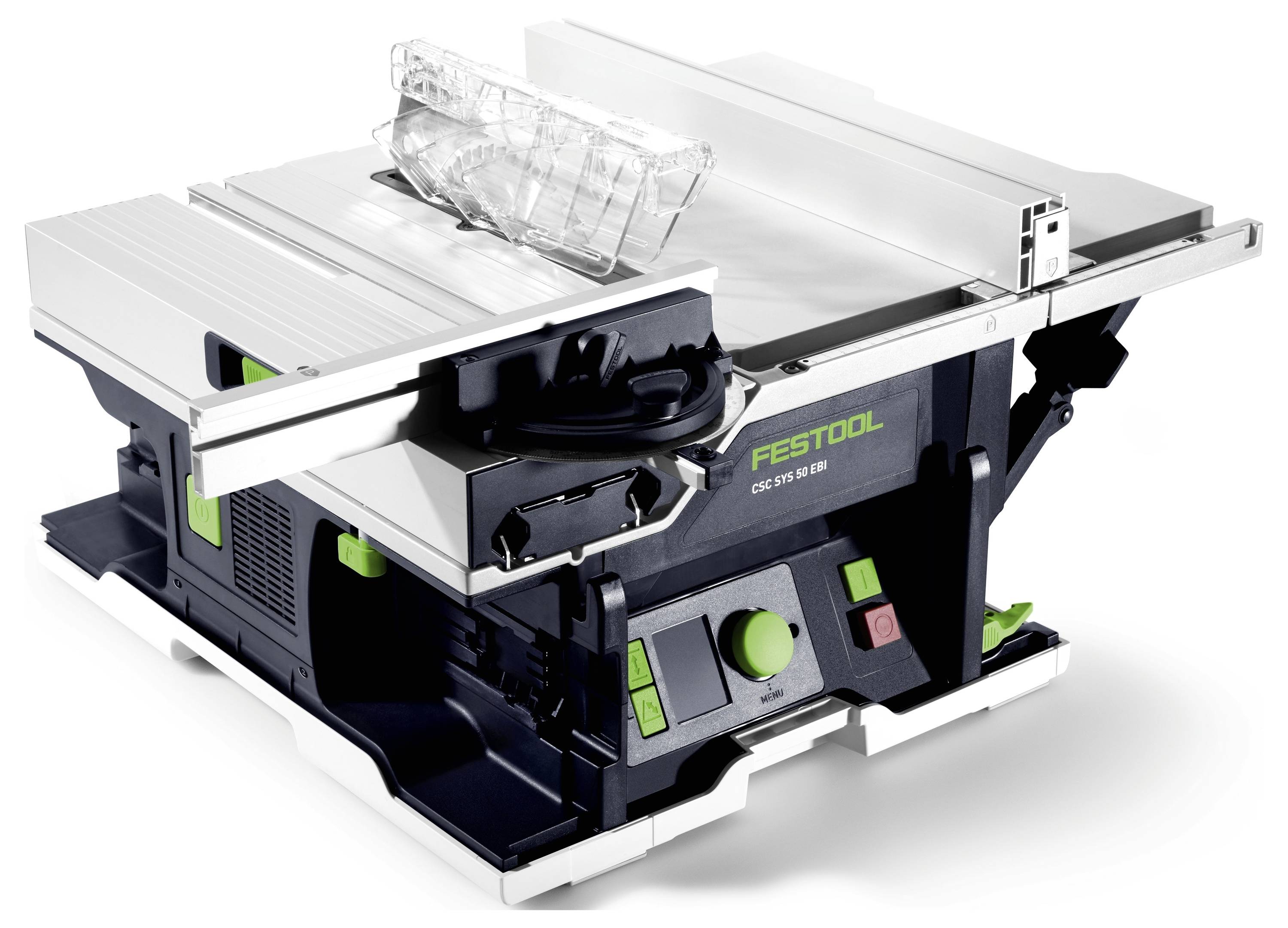 Eine kompakte, tragbare Festool Tischkreissäge mit Schutzabdeckung und verstellbaren Seitenauflagen, entwickelt für präzises Holzarbeiten.