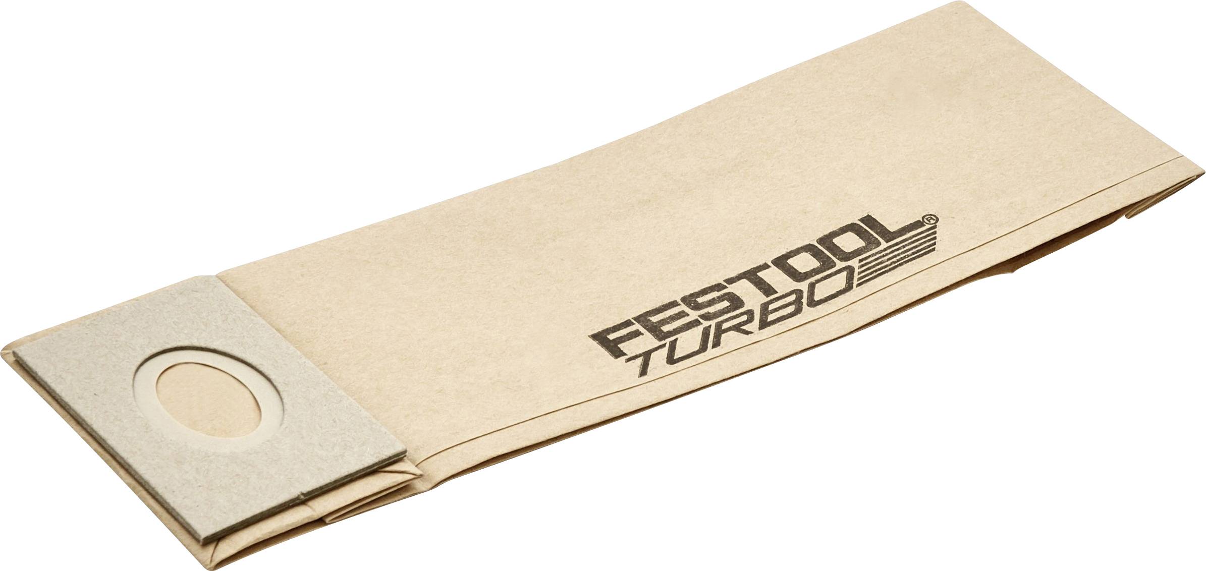 Ein brauner Staubsaugerbeutel mit der Markenaufschrift 'Festool Turbo'. Entwickelt zum Sammeln von Staub und Schmutz in kompatiblen Reinigungsgeräten.