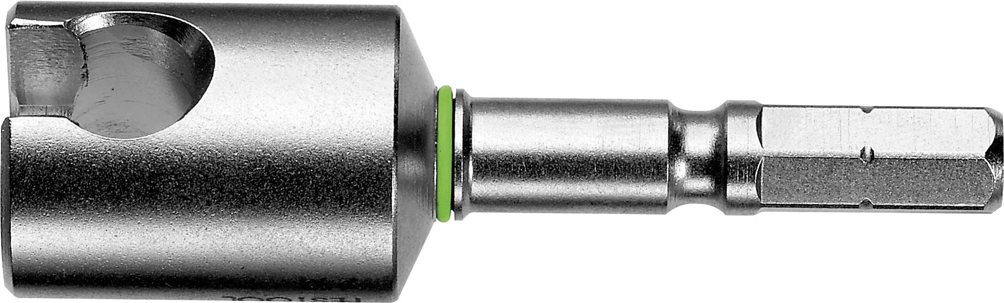 Ein metallischer Sechskantschafthalter für Bohrer mit einer einzelnen Nut und einem grünen Ring nahe der Basis.