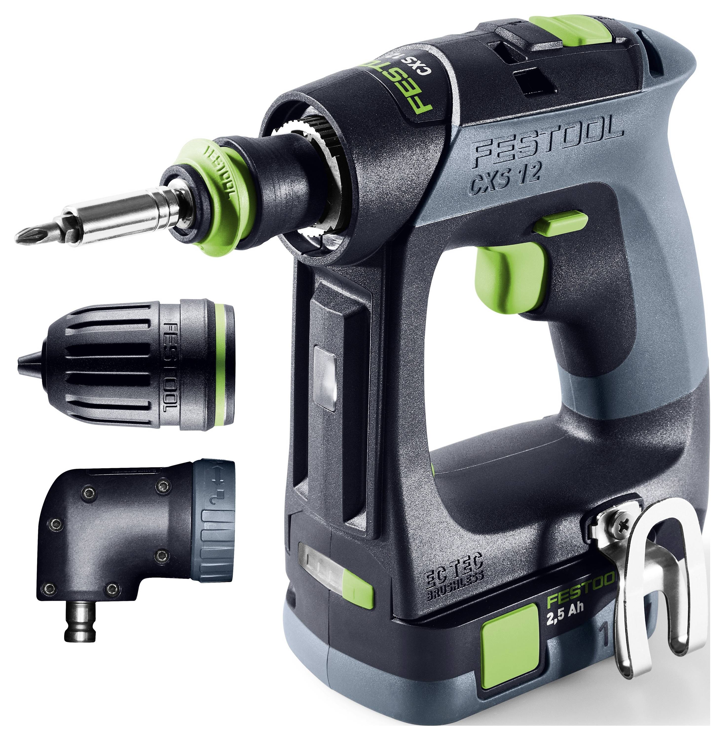 Akkuschrauber-Set mit ergonomischem Griff, drei Aufsätzen und 'Festool' Branding. Enthält Standard-, Winkel- und Versatzadapter.