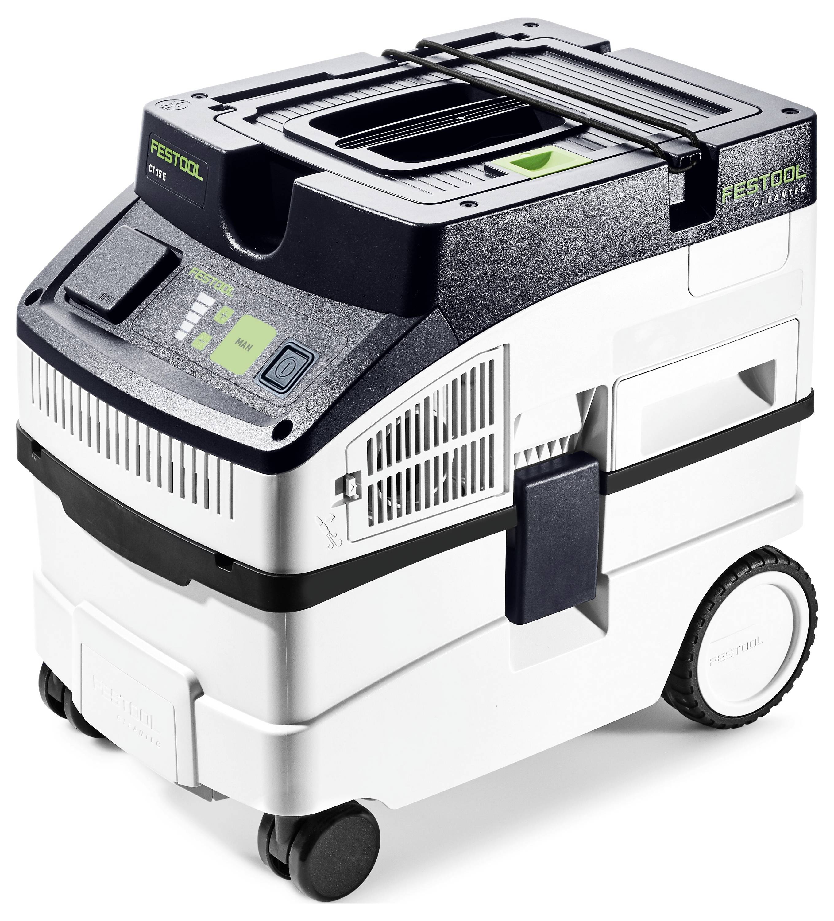 Ein tragbarer Festool-Staubsauger mit Rädern, Griff und digitalem Anzeigefeld, entwickelt für effiziente Staubsammlung in Werkstätten.