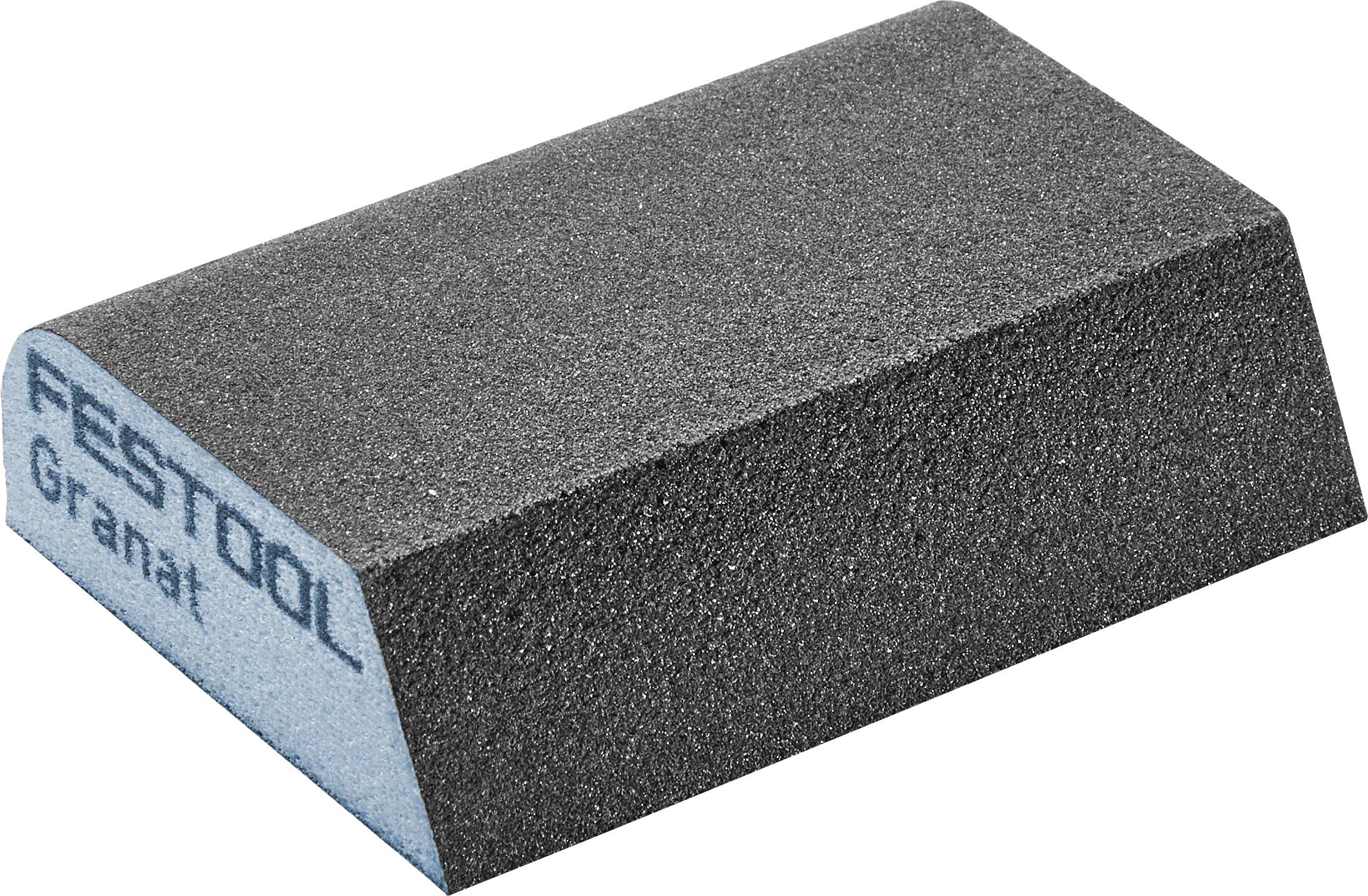 Ein schwarzer rechteckiger Schleifklotz mit der Aufschrift 'Festool Granat' an der Seite, der zum Glätten von Oberflächen bei Holzarbeiten oder Heimwerkerprojekten verwendet wird.
