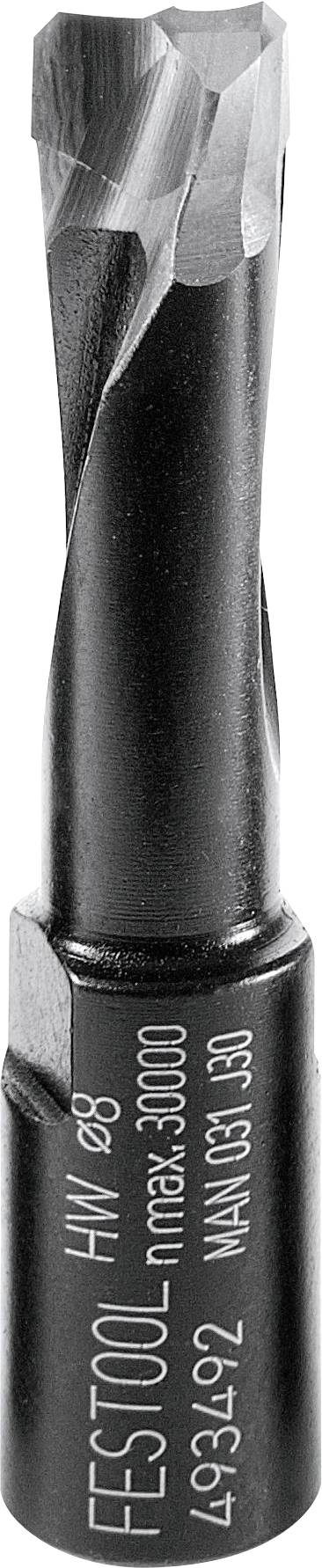 Ein schwarzer, zylindrischer Bohrer mit scharfen Kanten, beschriftet mit ‚Festool HW D8', entwickelt für präzises Schneiden von Materialien.
