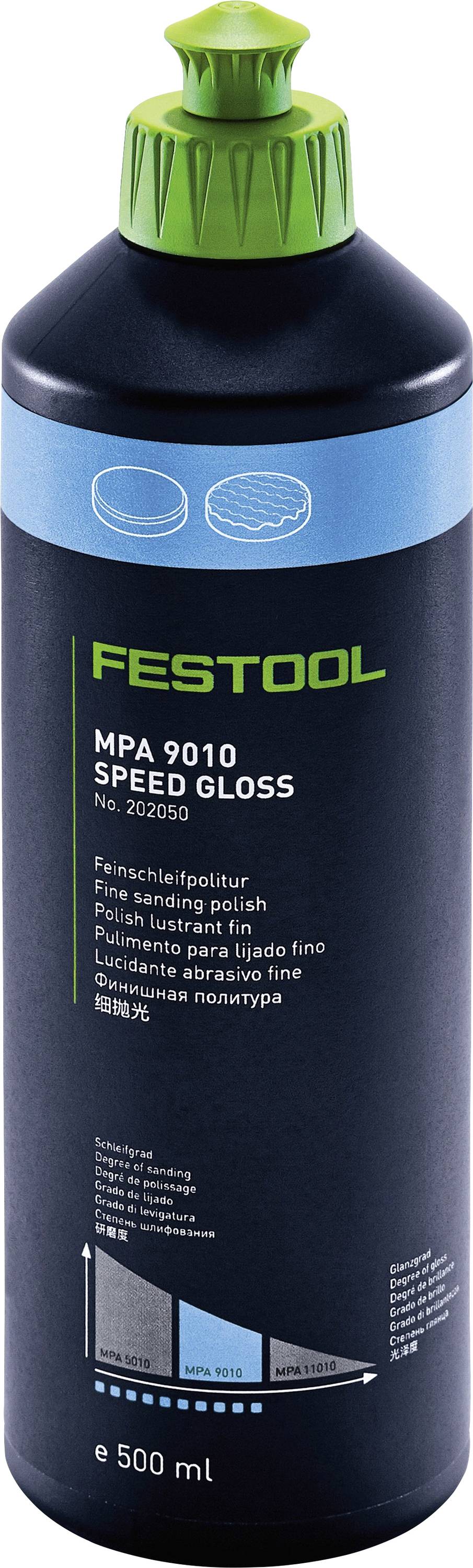 Eine schwarze Flasche Festool MPA 9010 Speed Gloss, die ein Diagramm der Glanzwerte und Text in mehreren Sprachen zeigt.