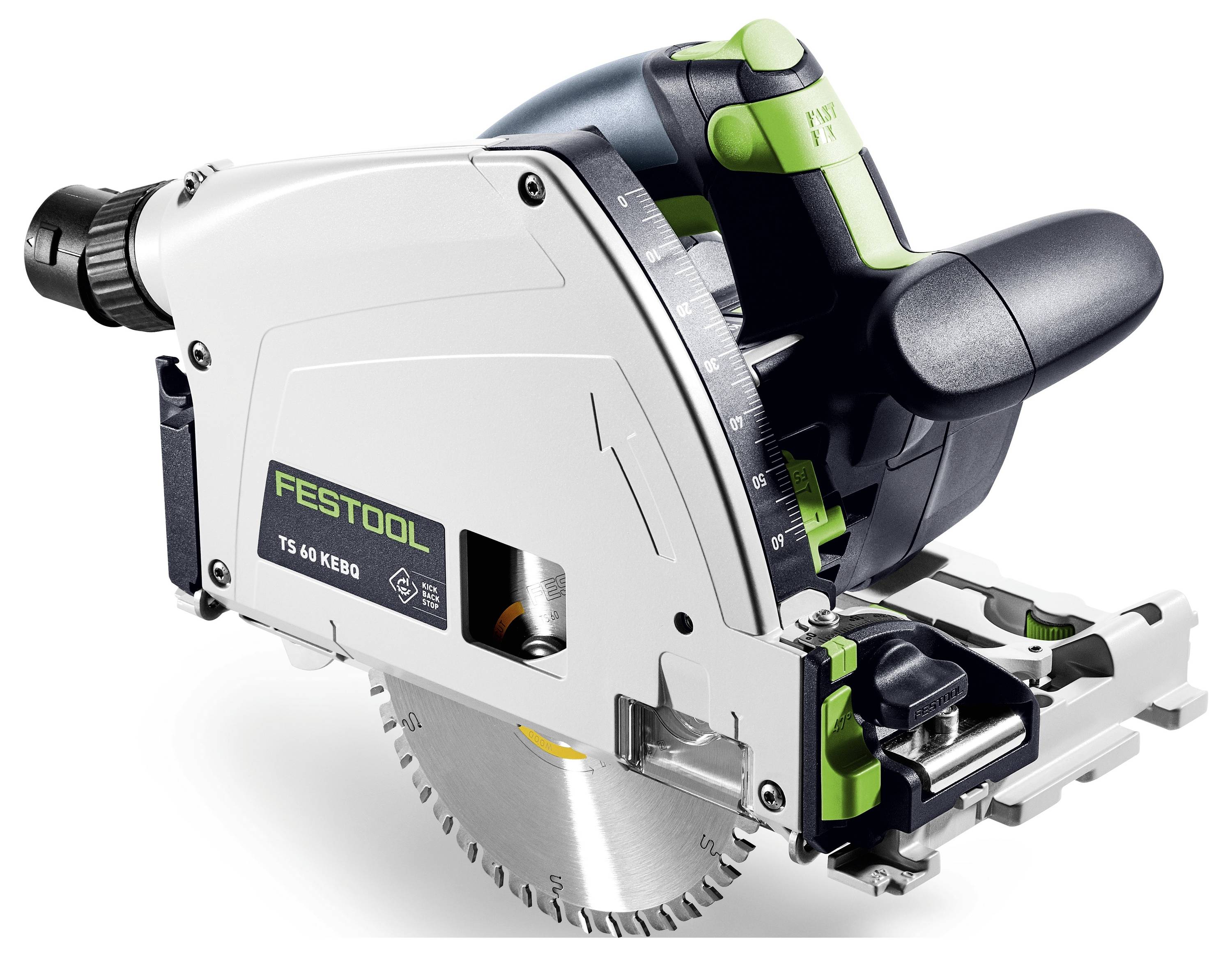 Eine Festool TS 60 KEBQ Führungsschiene mit einer runden silbernen Sägeblatt, ergonomischen Griffen und präzisen Schneiddesignelementen.