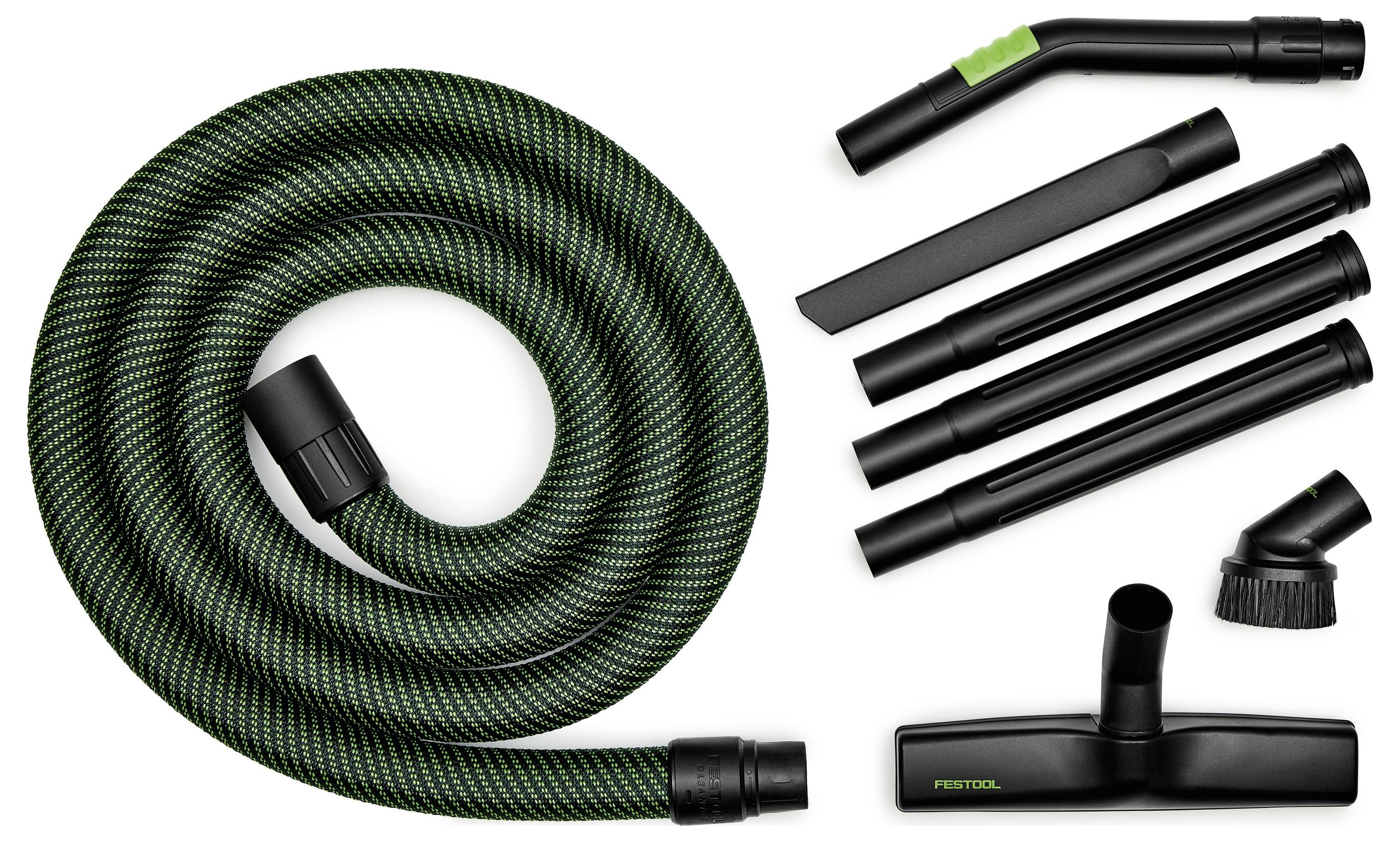 Dunkelgrüner Staubsaugerschlauch mit verschiedenen schwarzen Aufsätzen, einschließlich Boden-, Fugen- und Bürstentools, geeignet für Reinigungsaufgaben.
