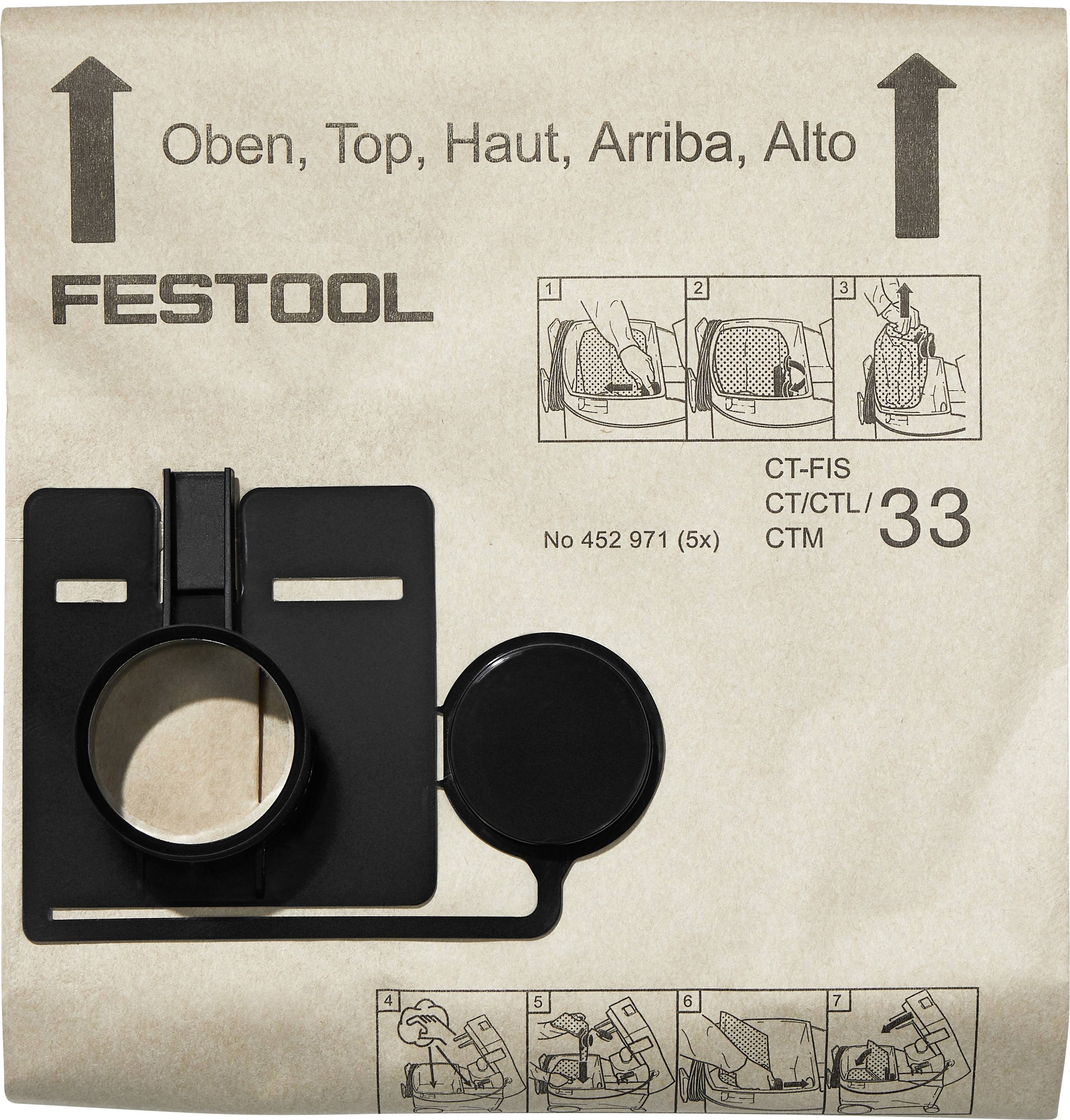 Braune Verpackung für Festool CT-FIS, Modellnummer 33. Enthält eine schwarze Werkzeugkomponente und auf der Oberseite beschriftete Anweisungen in mehreren Sprachen.