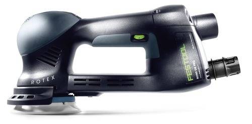 Eine schlanke, dunkelgraue Festool Rotex 150 Schleifmaschine mit ergonomischem Griff, entwickelt für professionelle Holz- und Oberflächenbearbeitungsaufgaben.