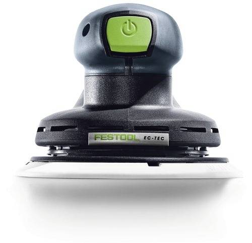 Ein Festool EC-TEC Elektrowerkzeug mit grünem Einschaltknopf und Etikett, entwickelt für gleichmäßiges Schleifen von Oberflächen.