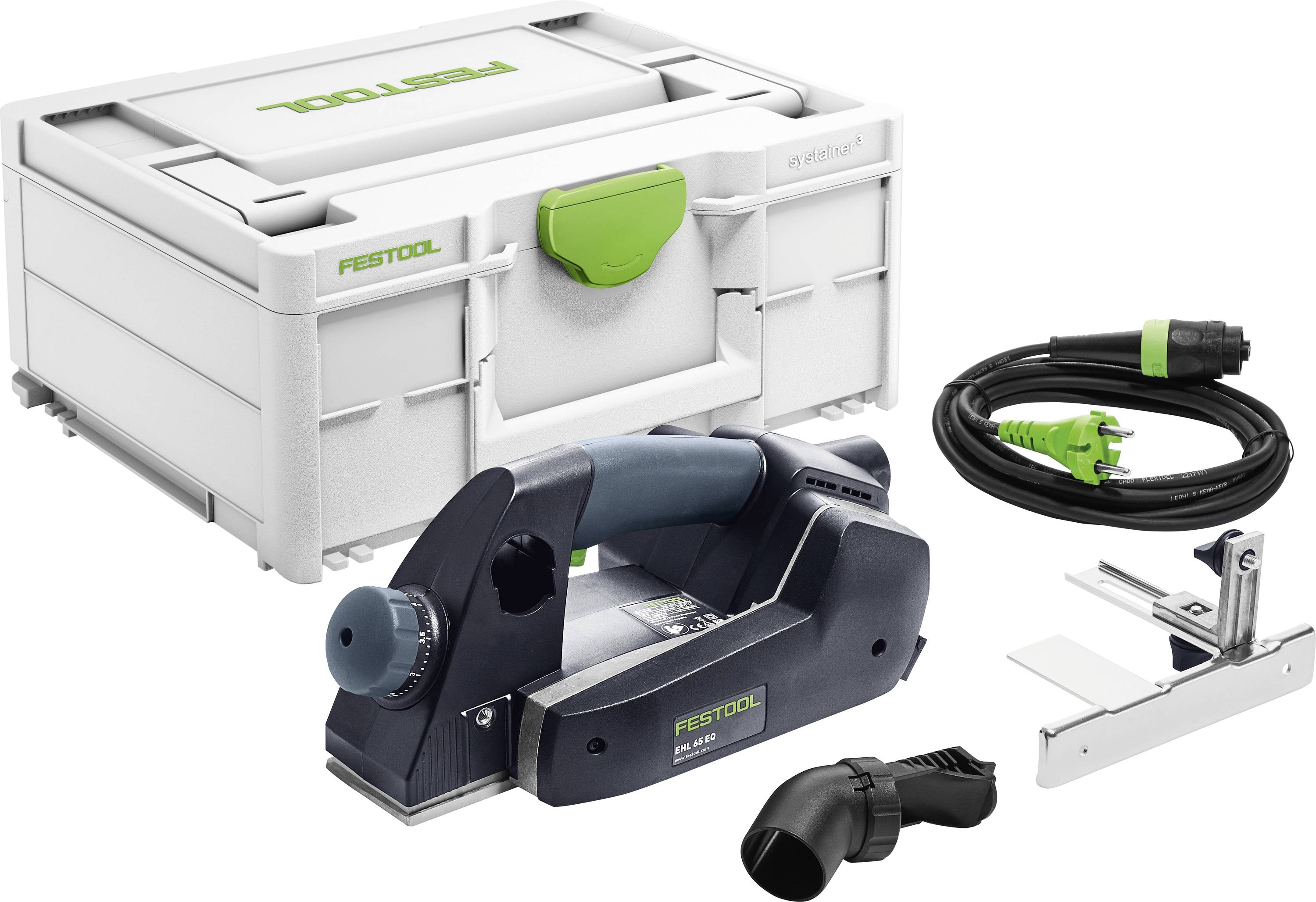 Ein Elektrohobel mit Netzkabel, Staubabsaugvorrichtung, Stützhalterung und Transportkoffer, verwendet zum Glätten und Formen von Holzoberflächen.