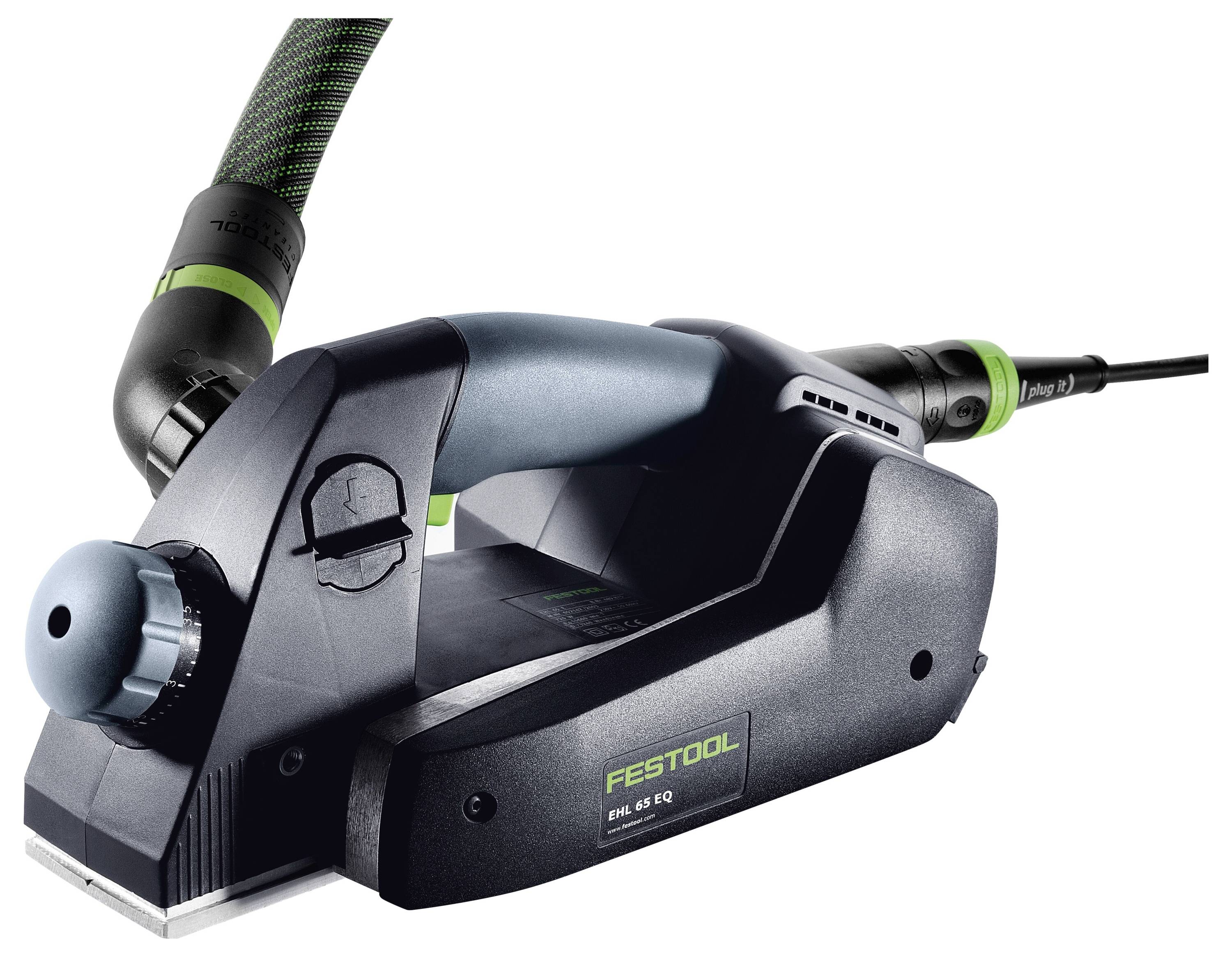 Elektrohobel mit ergonomischem Griff und Staubabsaughosenanschluss, mit der Aufschrift 'Festool' für Holzbearbeitung oder Oberflächenveredelung.