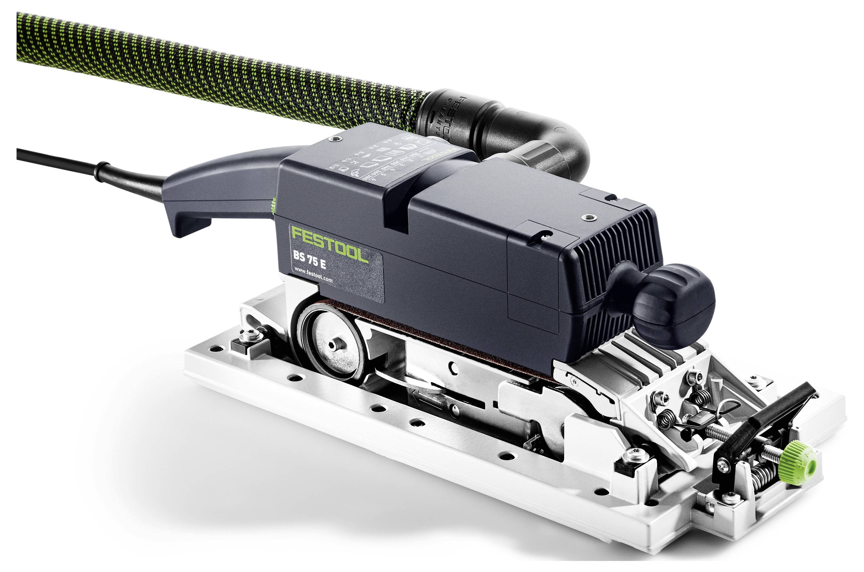 Elektrischer Handschleifer mit schwarzer und grüner Schlauchanschlussvorrichtung. Das Gerät ist mit 'Festool RS 7 E' beschriftet und zeigt ein schlankes, kompaktes Design.