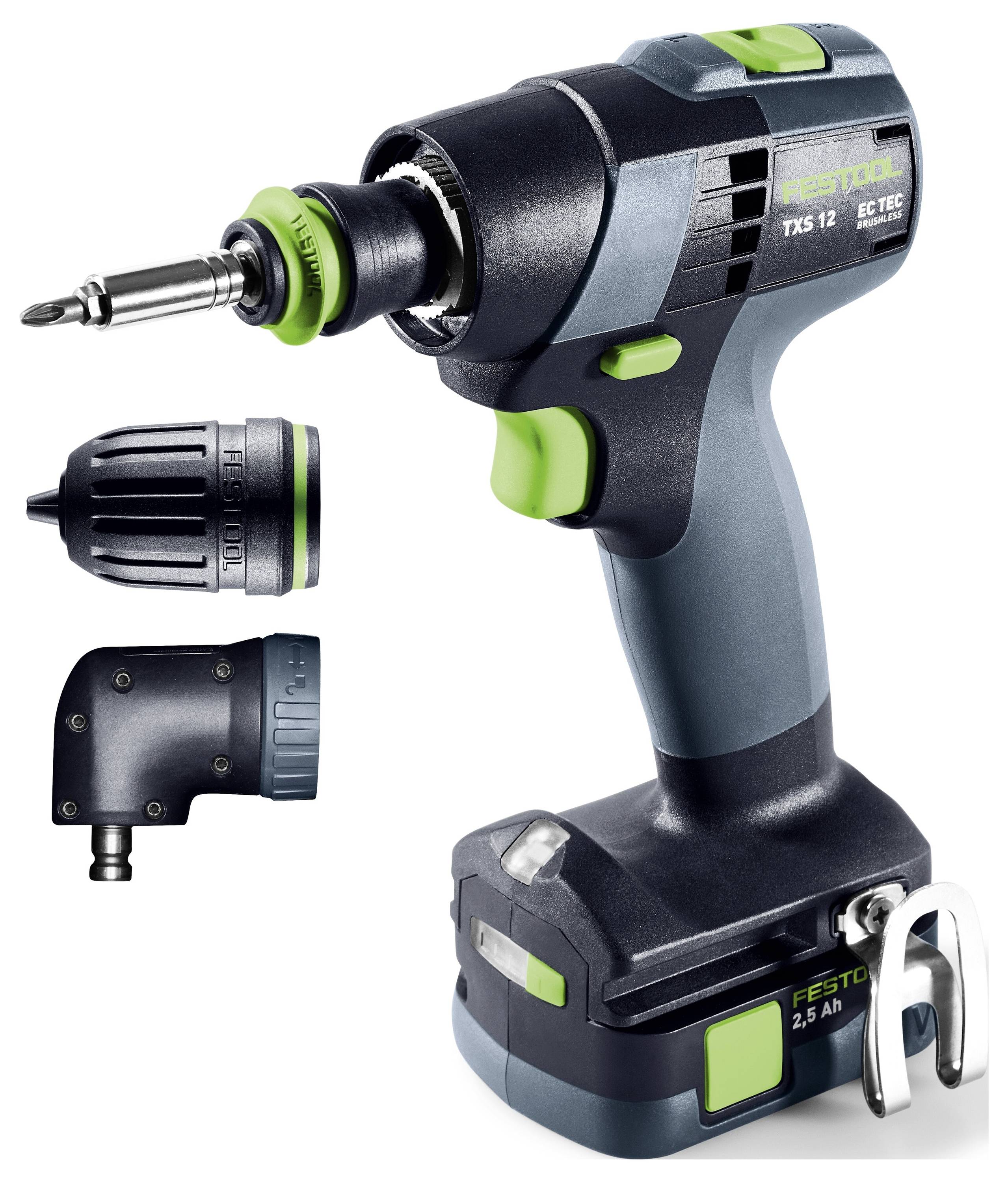 Ein kabellose Bohrmaschine mit Akkupack und auswechselbaren Bohraufsätzen, ausgestattet mit einem Winkelaufsatz und schnellspannender Bohrfutter.