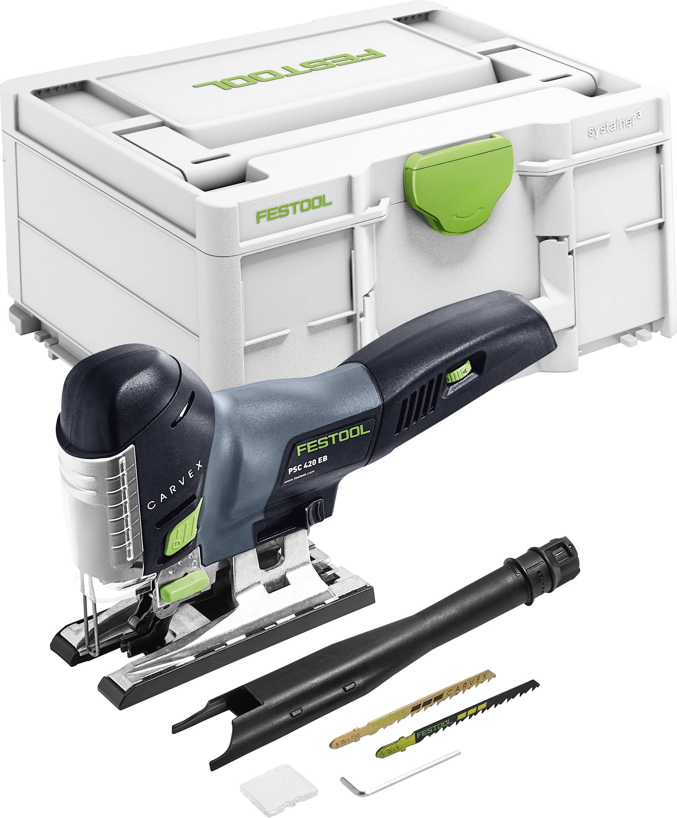 Eine Festool Stichsäge mit Sägeblättern und einer Aufbewahrungsbox. Die Stichsäge ist dunkelblau mit grünen Akzenten. Die Box trägt die Markenbezeichnung 'Festool'.