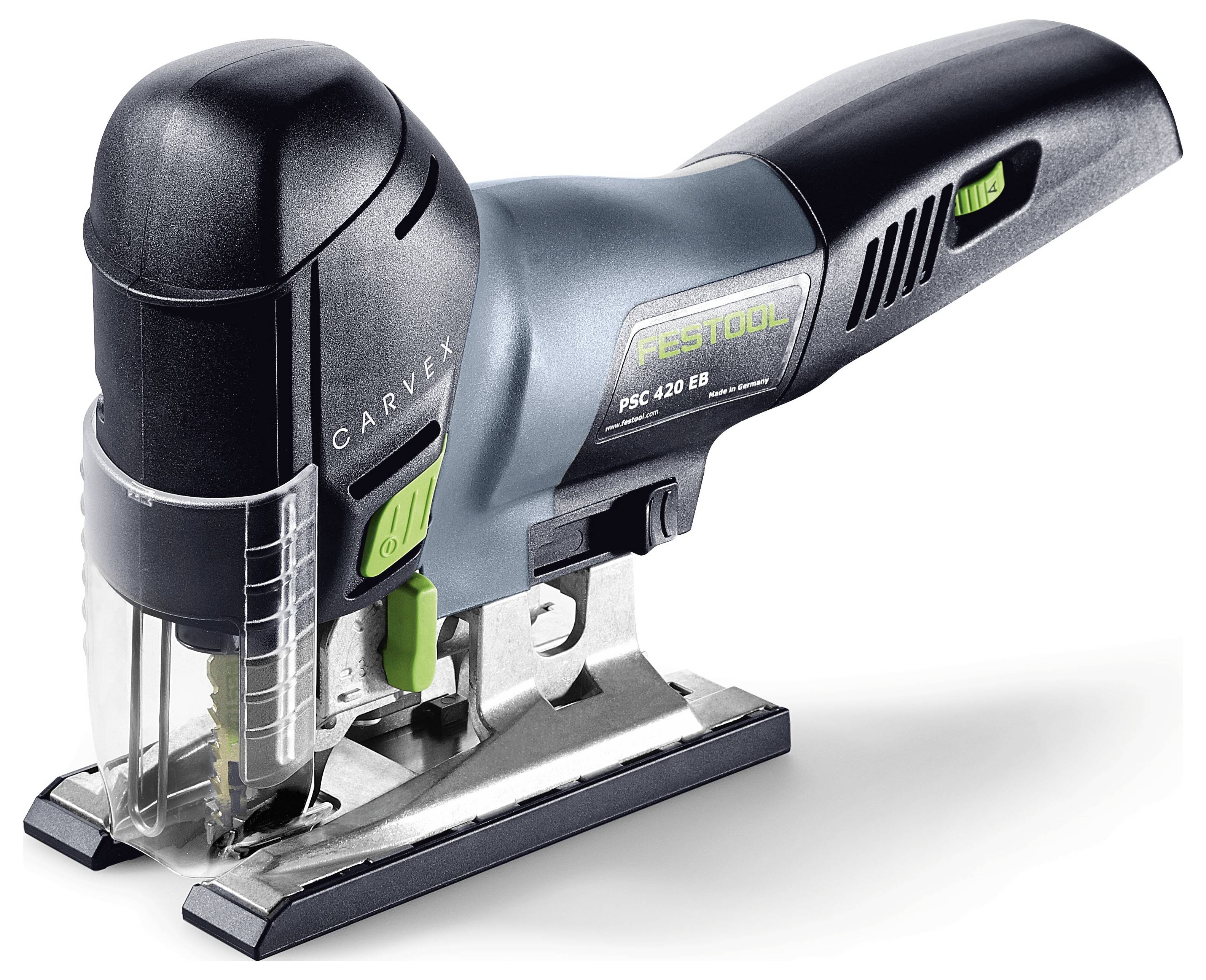 Ein Festool PSC 420 EB Stichsäge mit elegantem schwarz-grauem Design, ausgestattet mit einer klaren Führung und einem ergonomischen Griff für präzise Schnitte.