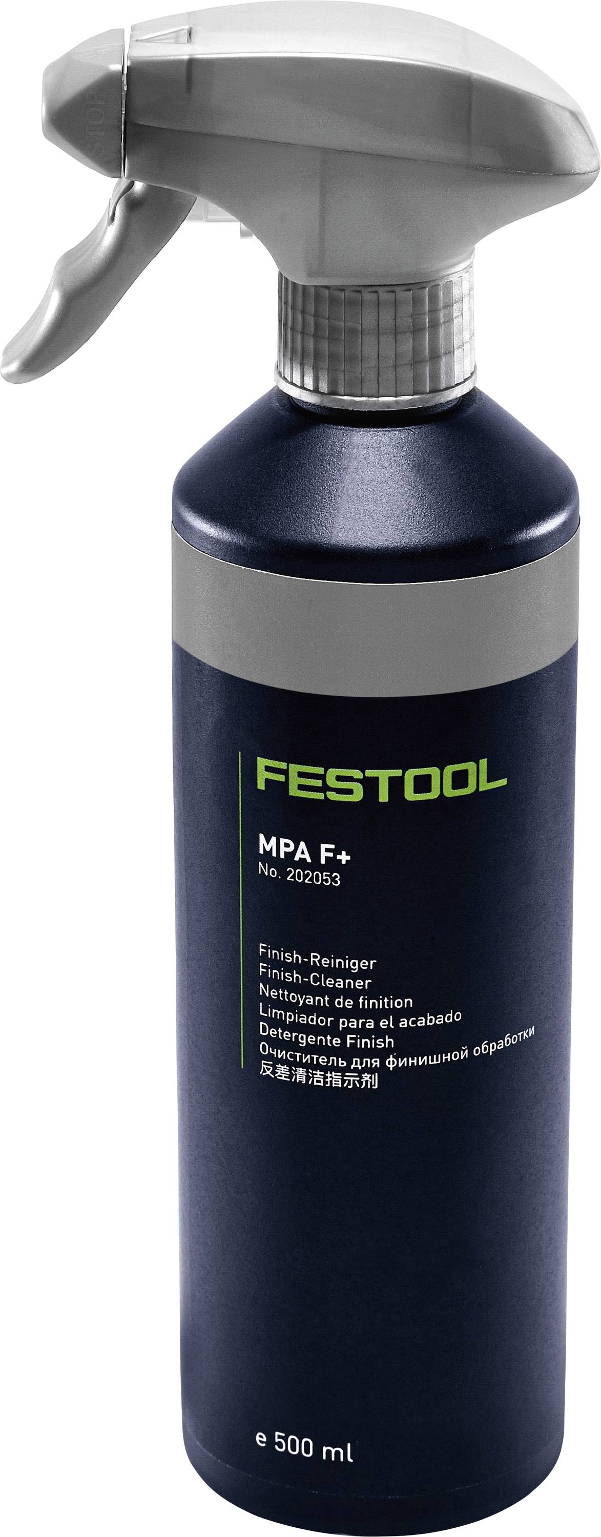 Eine Sprühflasche mit grau-blauer Beschriftung, auf der 'FESTOOL' und 'MPA F+' Text zu sehen ist; enthält 500 ml Reinigungsmittel.