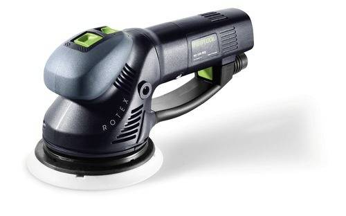 Eine dunkelblaue Handkreisschleifmaschine mit einer kreisförmigen Schleifunterlage, ausgestattet mit einem Griff und grünen Knöpfen, entwickelt zum Glätten von Oberflächen.