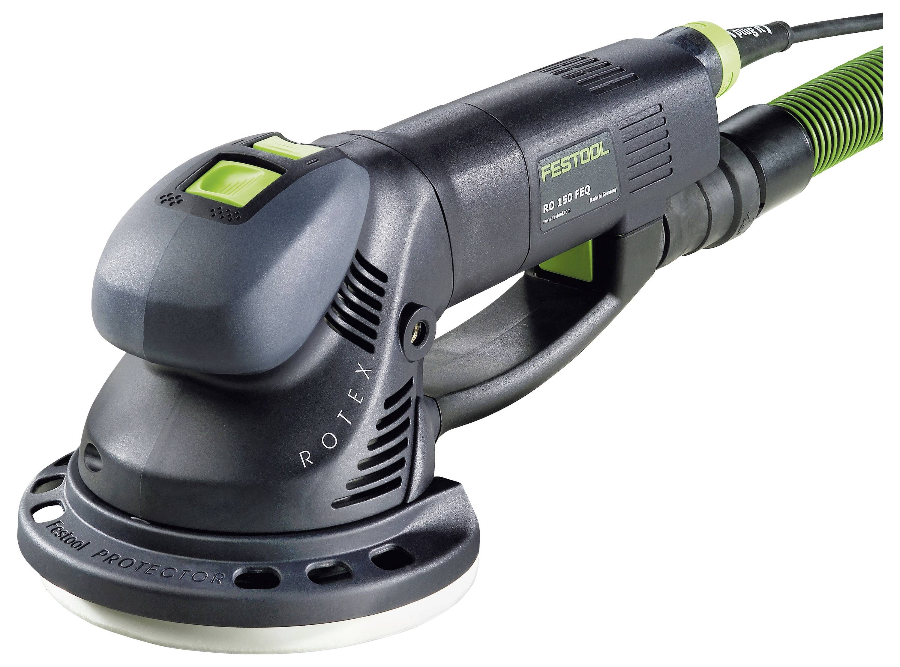 Eine schwarze und grüne Exzenterschleifer mit Griff und Netzkabel. Das Gerät ist von der Marke 'Festool' und entwickelt zum Glätten von Oberflächen.