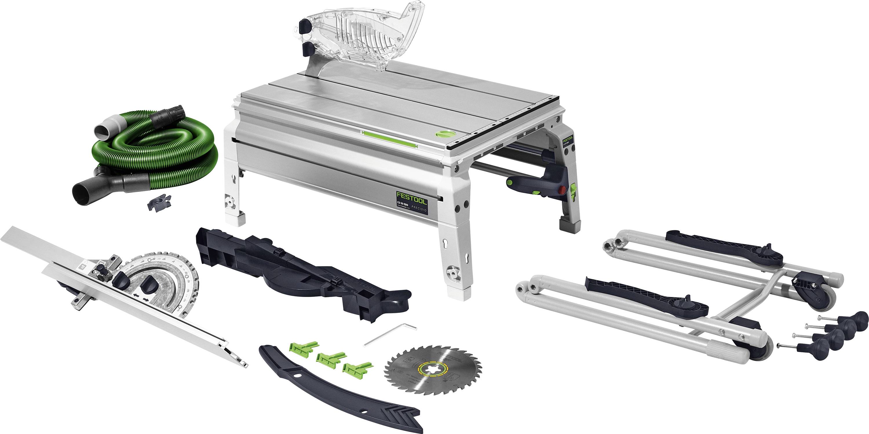 Festool tragbares Kreissägensystem mit Zubehör, einschließlich Schlauch, Tischständer, Sägeblatt und grünen Anschlüssen.