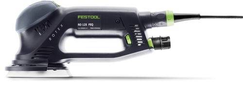 Eine Festool ROTEX RO 125 FEQ Schleifmaschine mit einem schwarz-grünen Design, verfügt über einen ergonomischen Griff und ist kabelgebunden für konstante Stromversorgung.