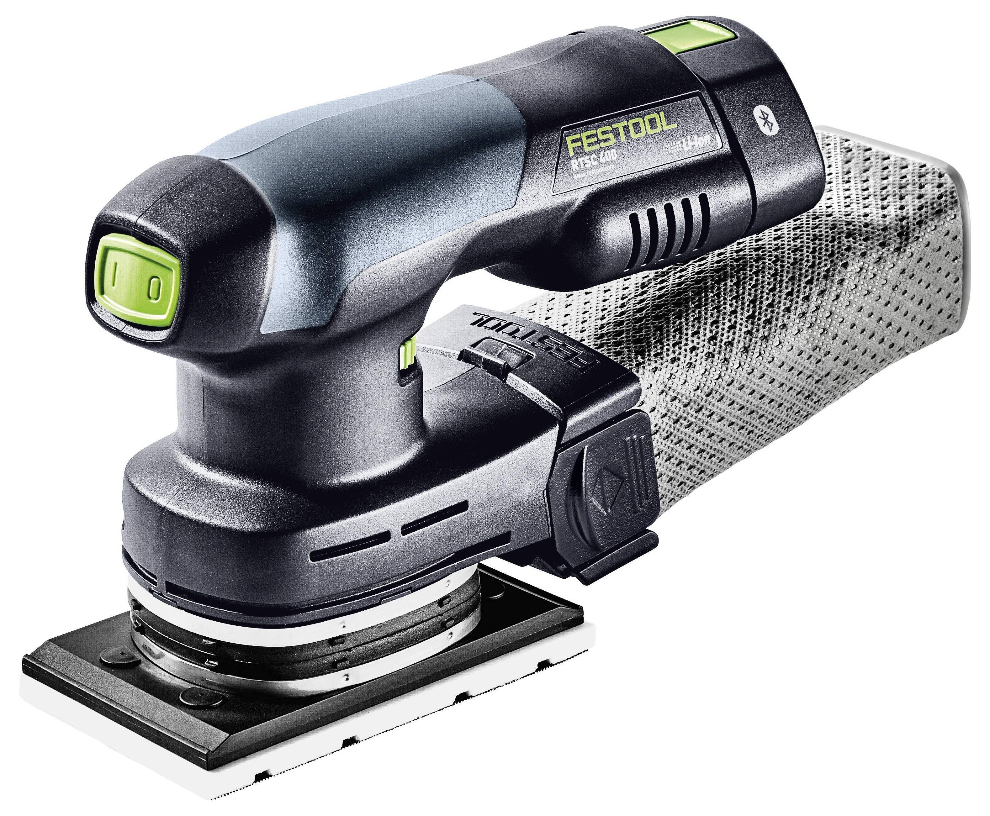 Akku-Festool RTS 400 Schleifer mit ergonomischem Design, ausgestattet mit einem Staubbeutel, geeignet für kleine bis mittlere Holzbearbeitungsaufgaben.