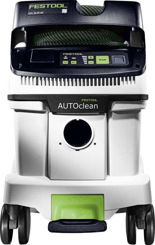 Ein weißer Festool CTL 36 E AC AUTOClean Staubsauger mit grünen Akzenten, entwickelt für effiziente Staubextraktion und einfache Reinigung.