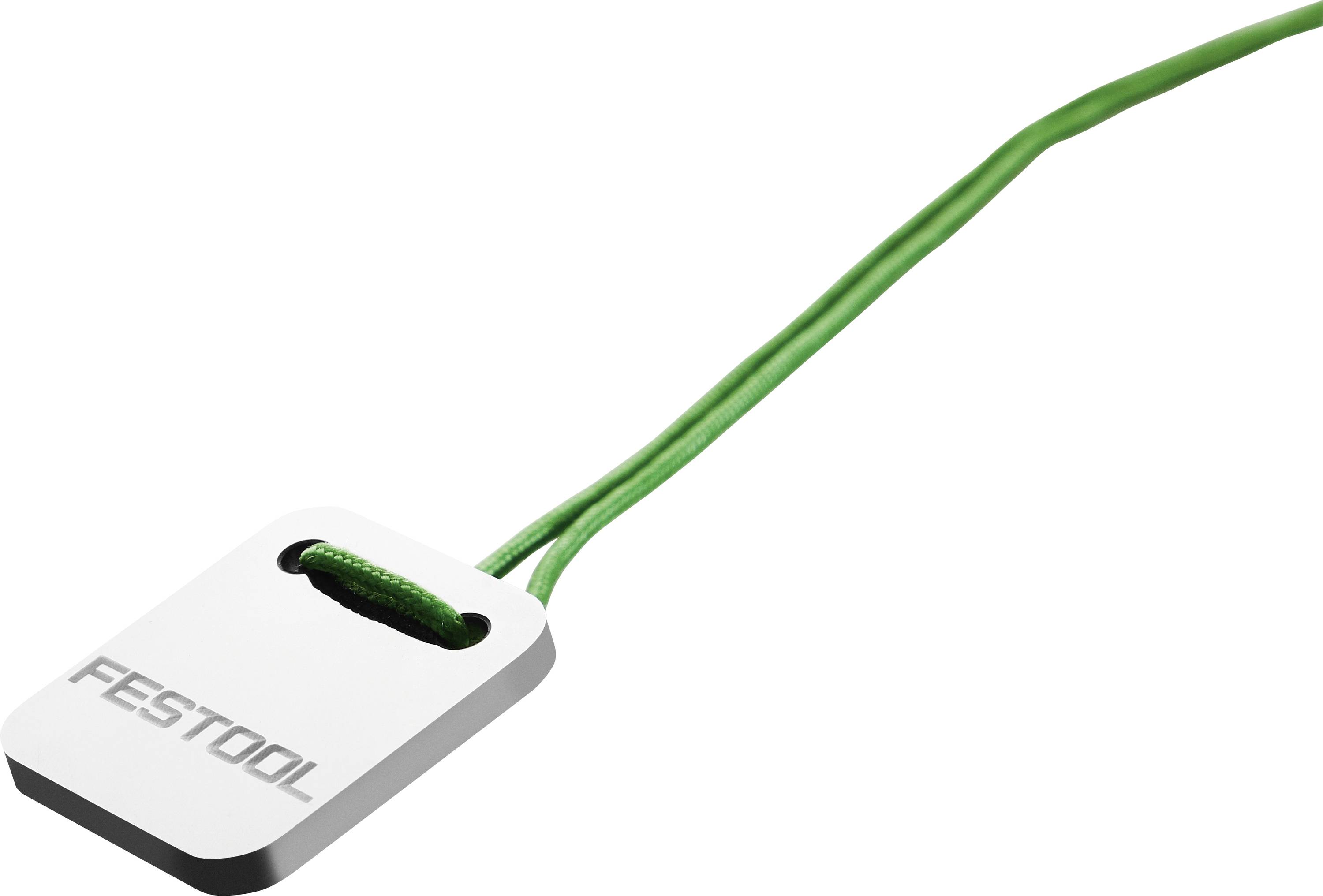 Ein kleines, rechteckiges Etikett mit dem Markennamen 'Festool', das an einer grünen Schnur befestigt ist.